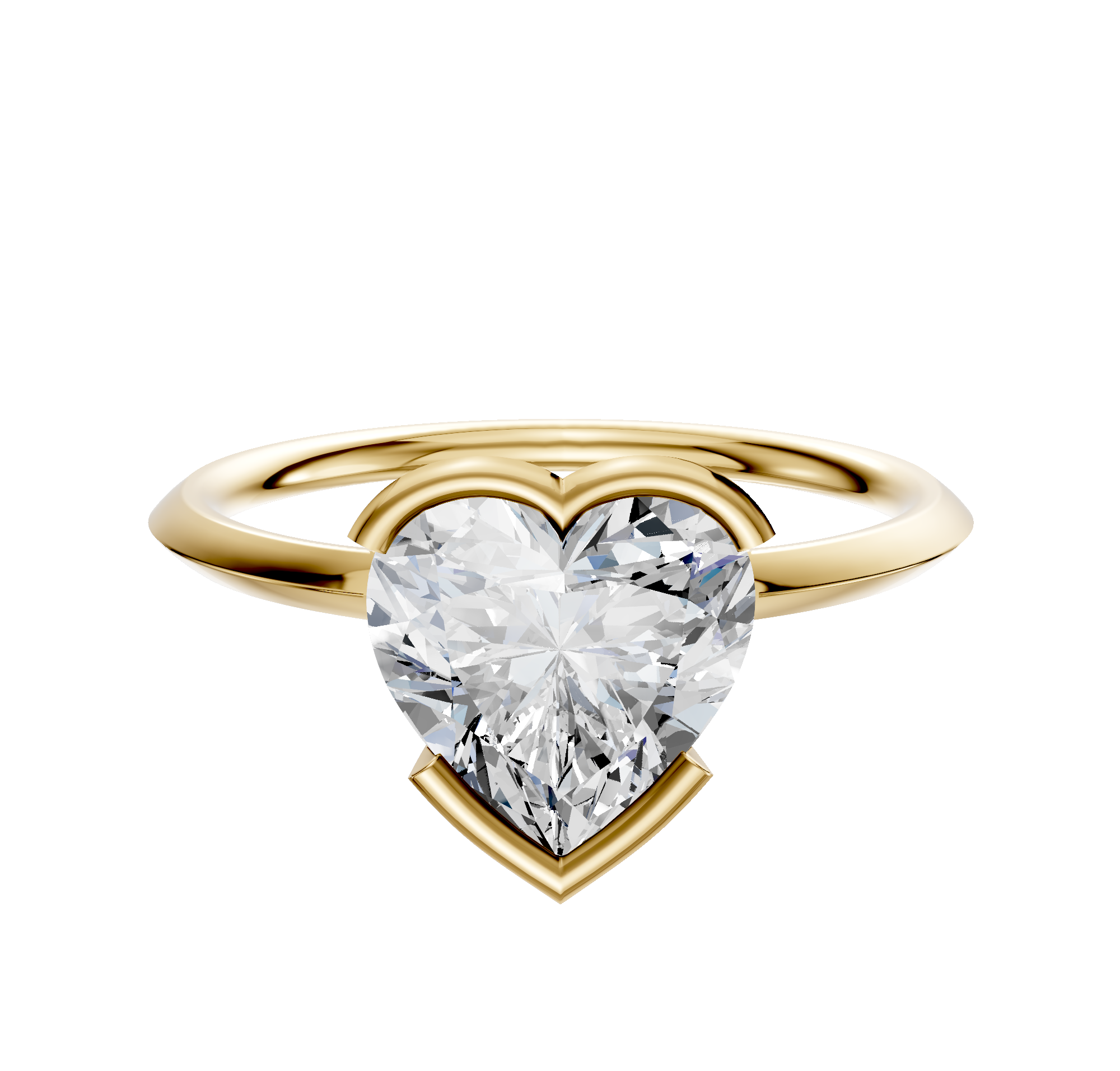 An 18K yellow gold bezel half bezel east/west classic knife edge 1.5mm engagement ring is showcased against a plain white background.