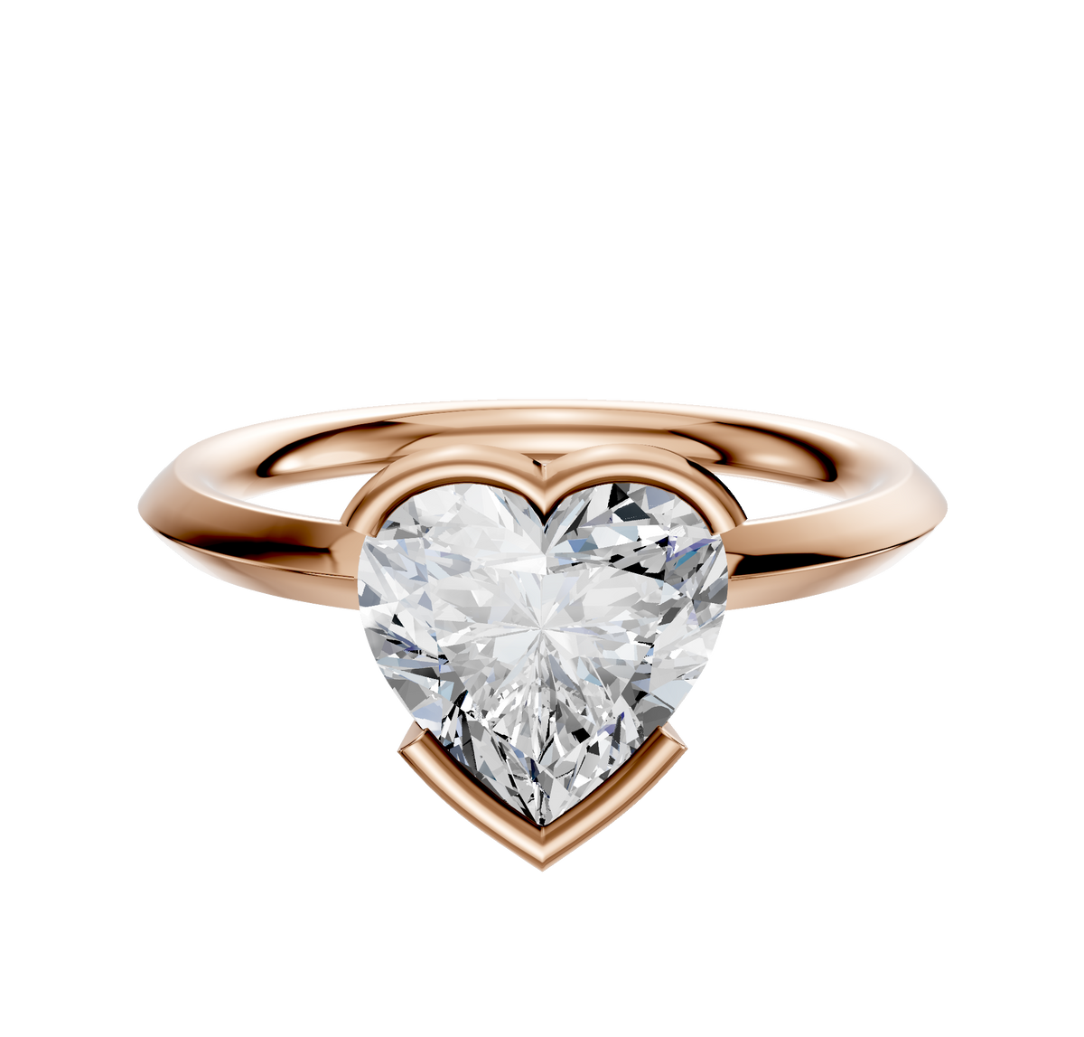 A 14K rose gold bezel half bezel east/west classic knife edge 2.0mm engagement ring is shown, featuring a large heart-shaped diamond at the center against a plain white background.