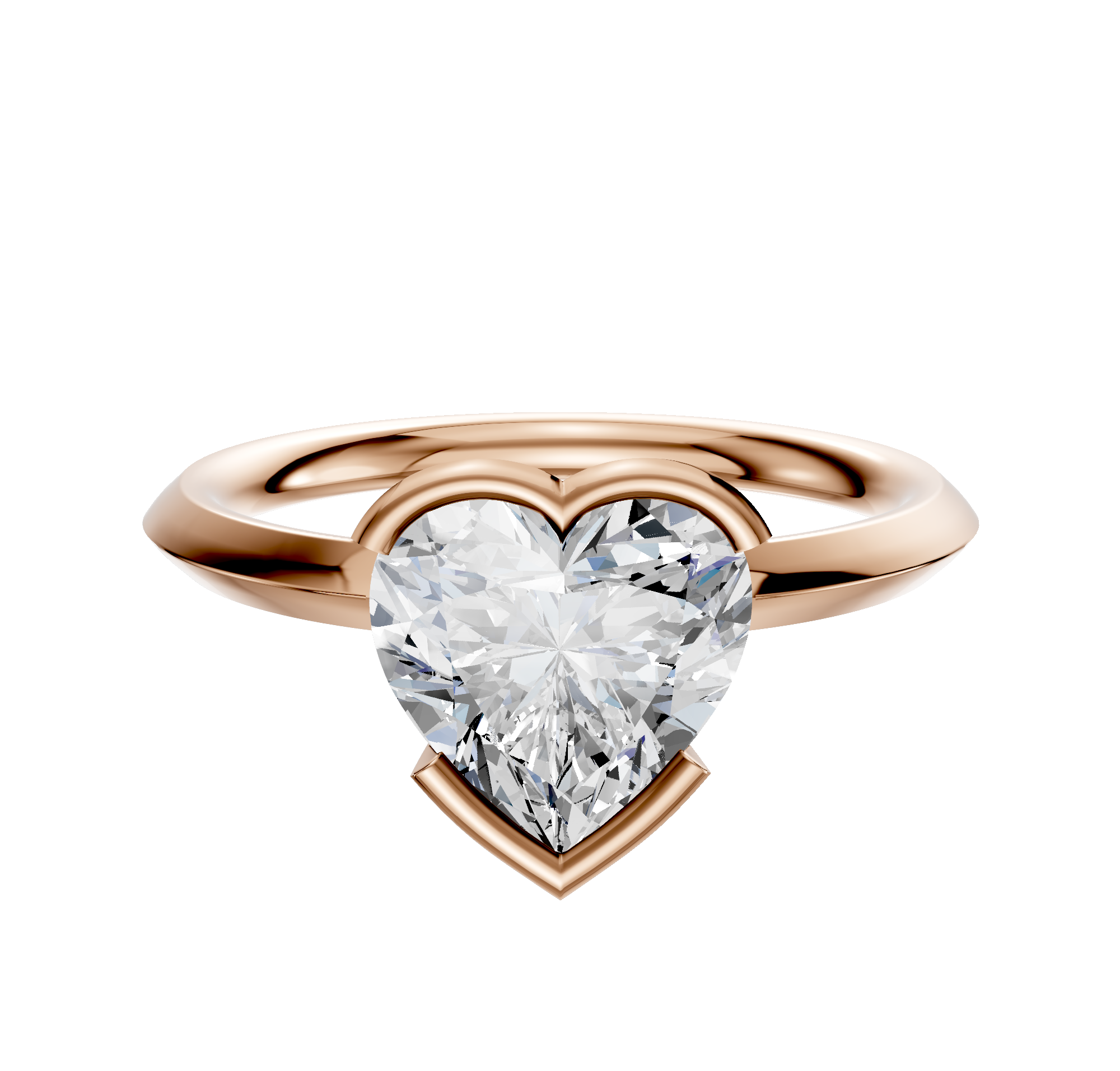 A 14K rose gold bezel half bezel east/west classic knife edge 2.0mm engagement ring is shown, featuring a large heart-shaped diamond at the center against a plain white background.