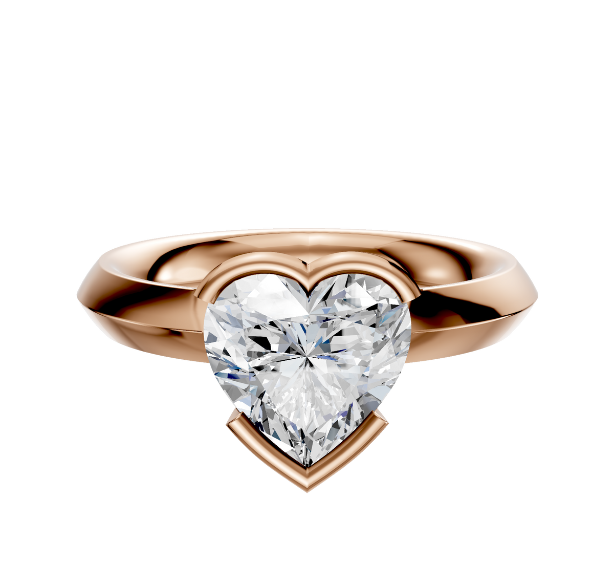 An 18K rose gold bezel half bezel east/west classic knife edge 3.0mm engagement ring is showcased against a plain white background.