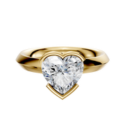 A 14K yellow gold bezel half bezel east/west classic knife edge 3.0mm engagement ring is shown against a plain white background.