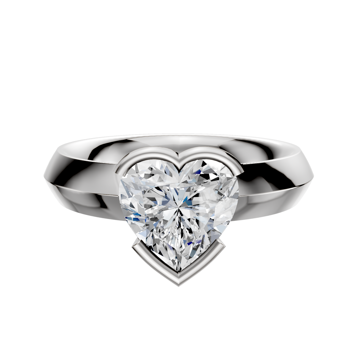 An 18K white gold Bezel Half Bezel East/West Classic Knife Edge 4.0mm engagement ring is showcased, featuring a sleek modern design, set on a plain white background.