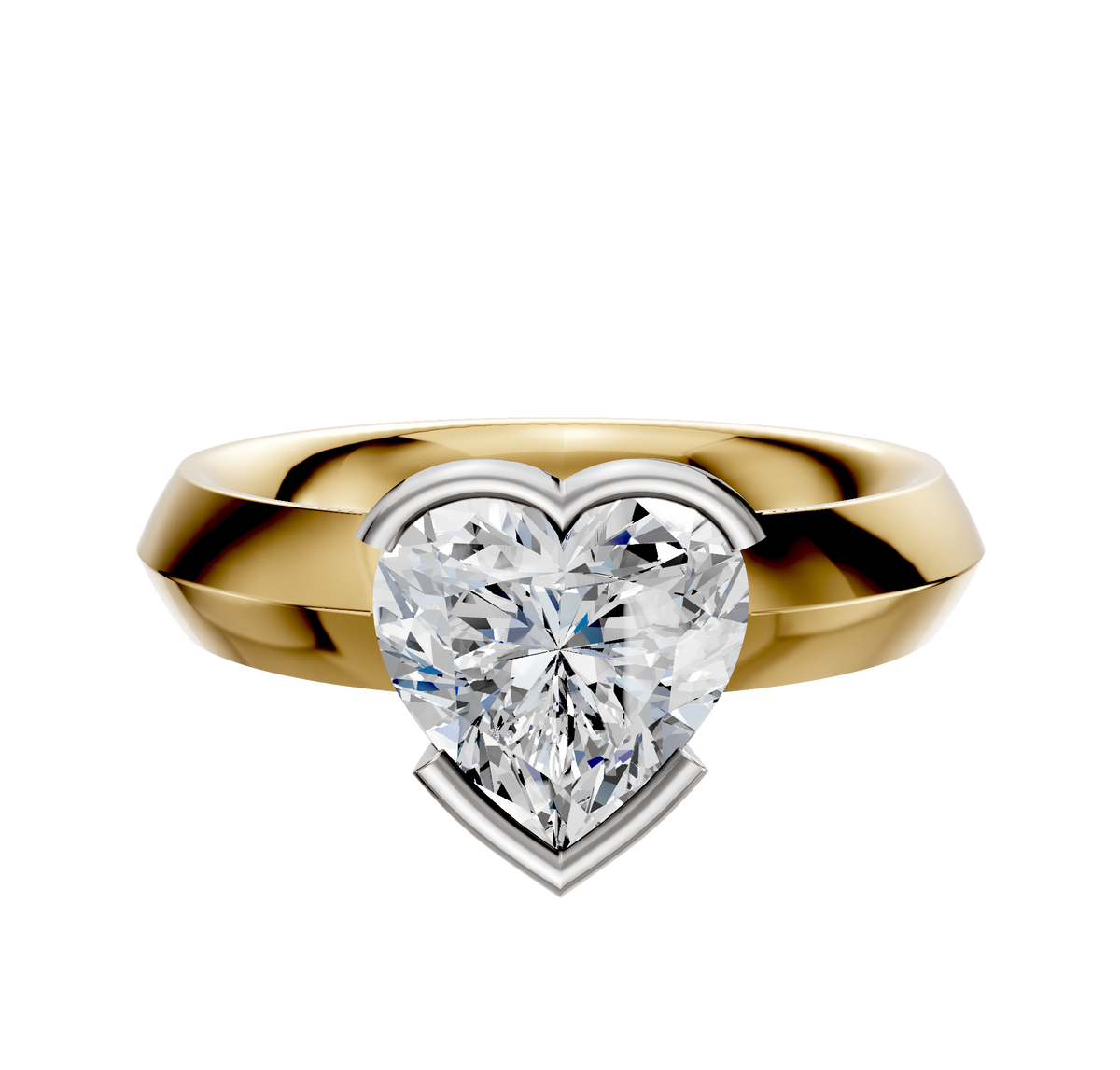 A 14K two tone bezel half bezel east/west classic knife edge 4.0mm engagement ring is showcased against a plain white background.