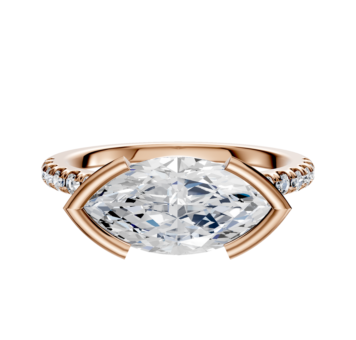 The 14K Rose Gold Bezel Half Bezel East/West Cathedral Dome 1-Row-Pave 2.5mm Engagement Ring showcases a unique east/west set center stone in a bezel and half bezel setting, accented by a single row of pave-set diamonds along the band.