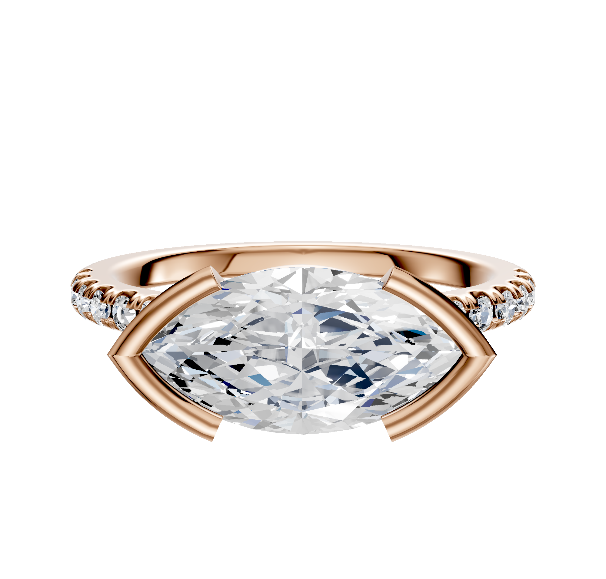 An 18K rose gold engagement ring with a bezel and half bezel east/west cathedral dome design, featuring a 2.5mm band adorned with a single row of pavé diamonds.