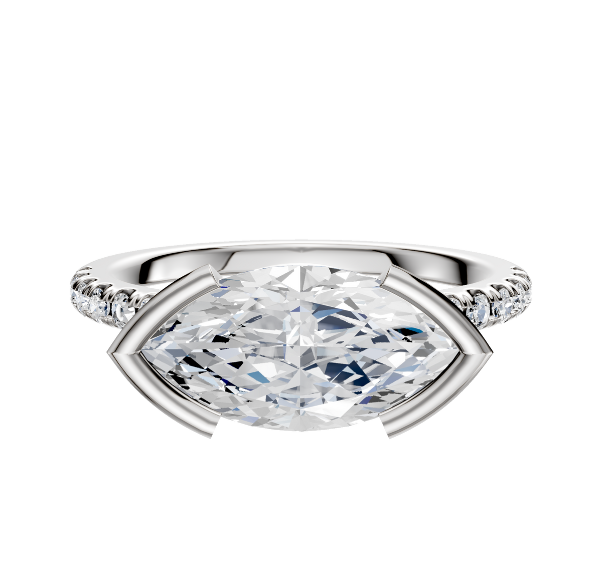 A close-up of the 14K White Gold Bezel Half Bezel East/West Cathedral Dome 1-Row-Pave 2.5mm Engagement Ring, featuring a central stone and pave-set accents along the band, set against a plain white background.