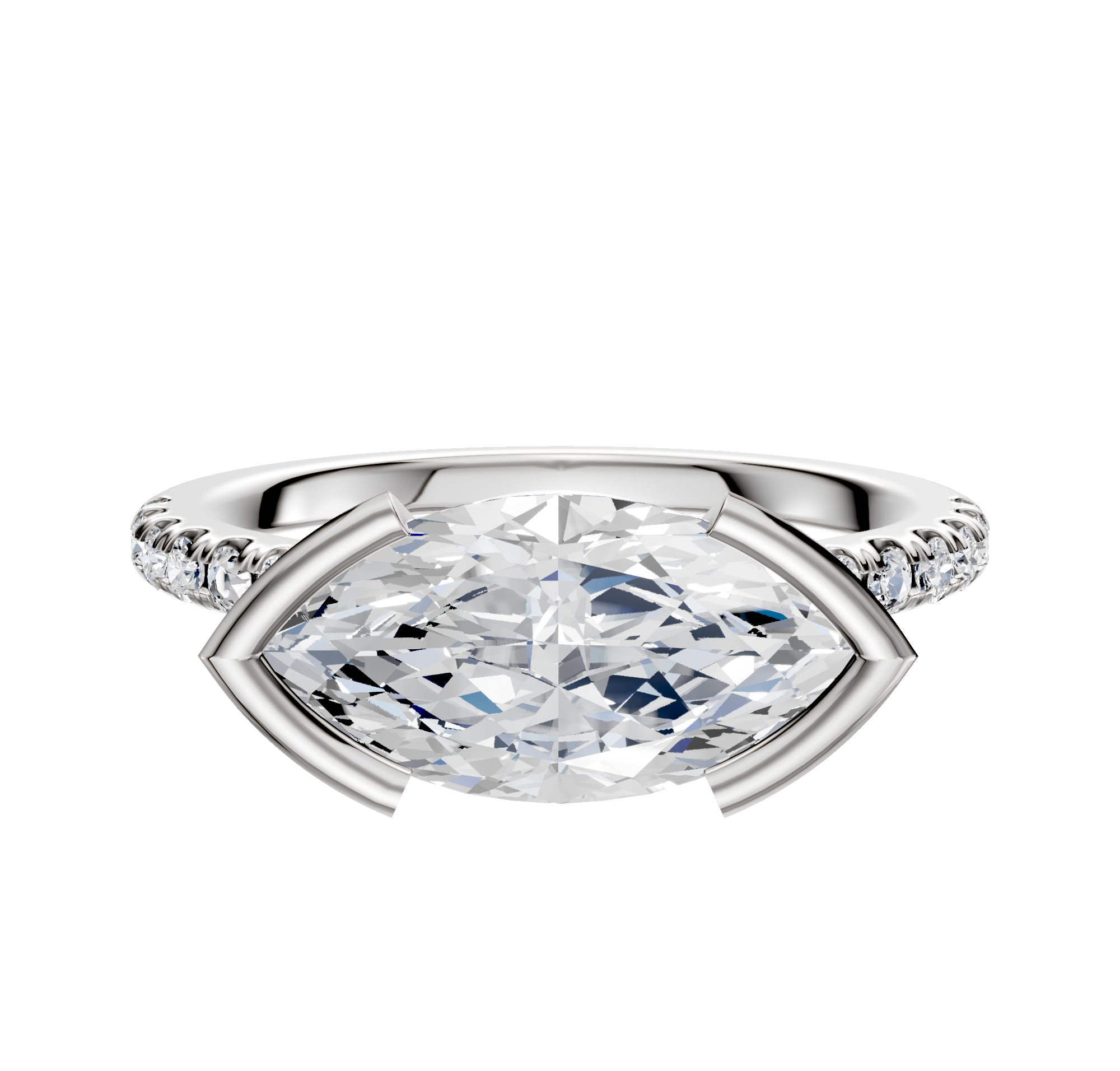 A close-up of the 14K White Gold Bezel Half Bezel East/West Cathedral Dome 1-Row-Pave 2.5mm Engagement Ring, featuring a central stone and pave-set accents along the band, set against a plain white background.
