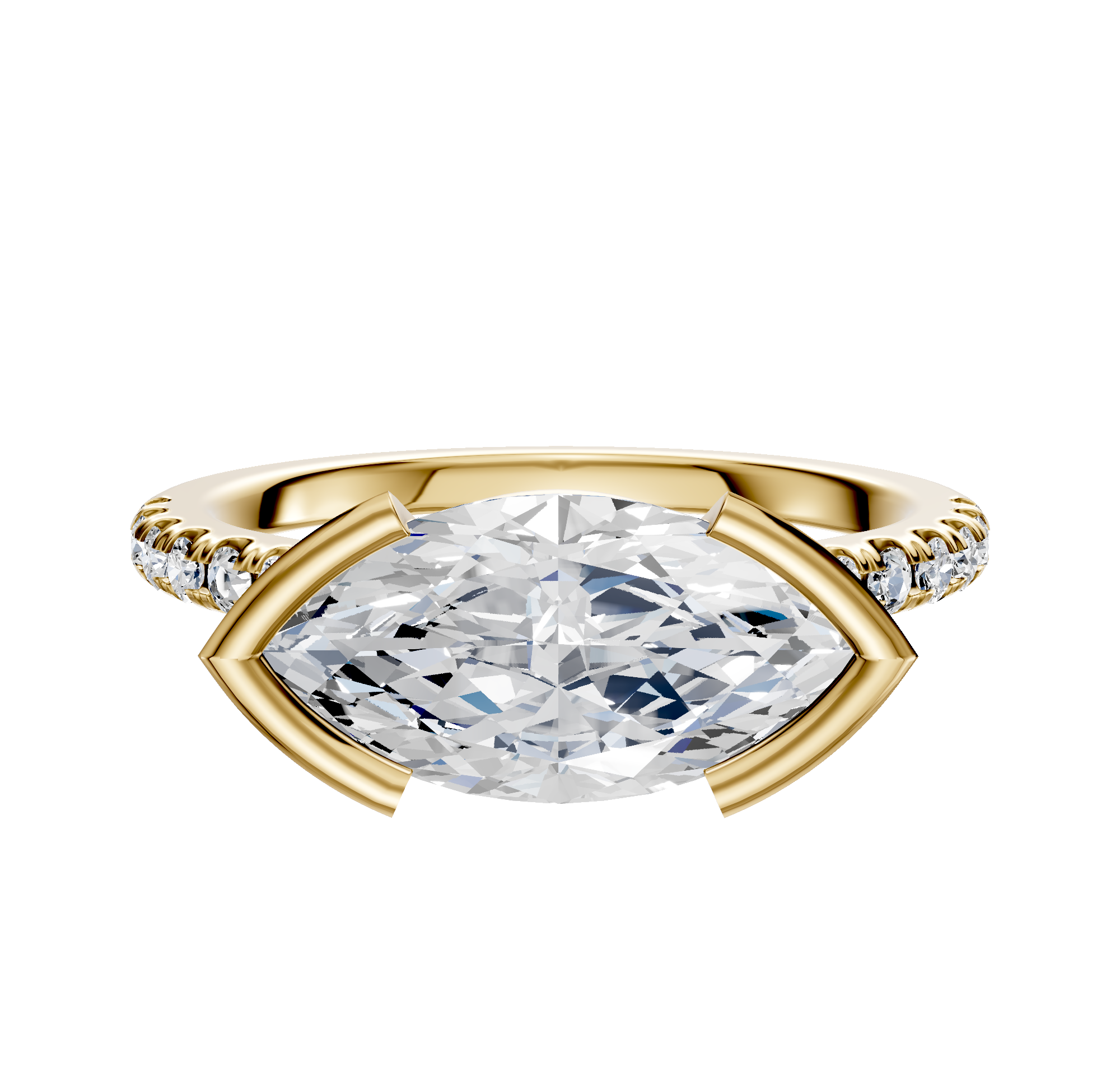 The 14K Yellow Gold Bezel Half Bezel East/West Cathedral Dome 1-Row-Pave 2.5mm Engagement Ring features a striking design with a center stone in an east/west bezel setting and pavé diamonds along the band, shown on a white background.