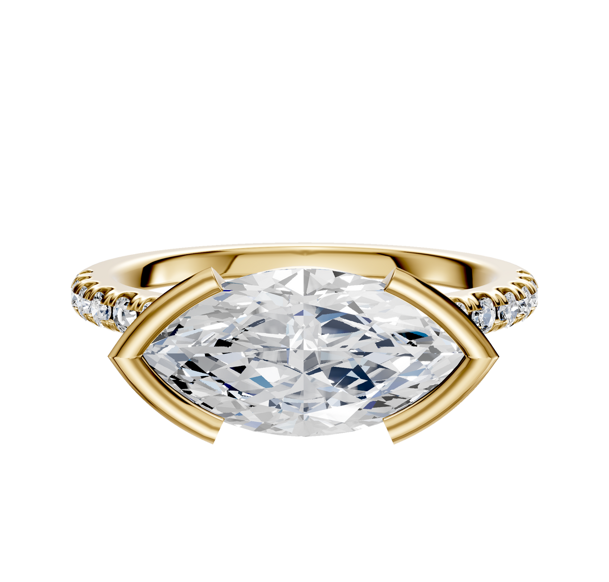 The 18K Yellow Gold Bezel Half Bezel East/West Cathedral Dome Engagement Ring features a large center diamond held in an east-west setting, accented by a row of pave diamonds along the 2.5mm band, shown against a white background.
