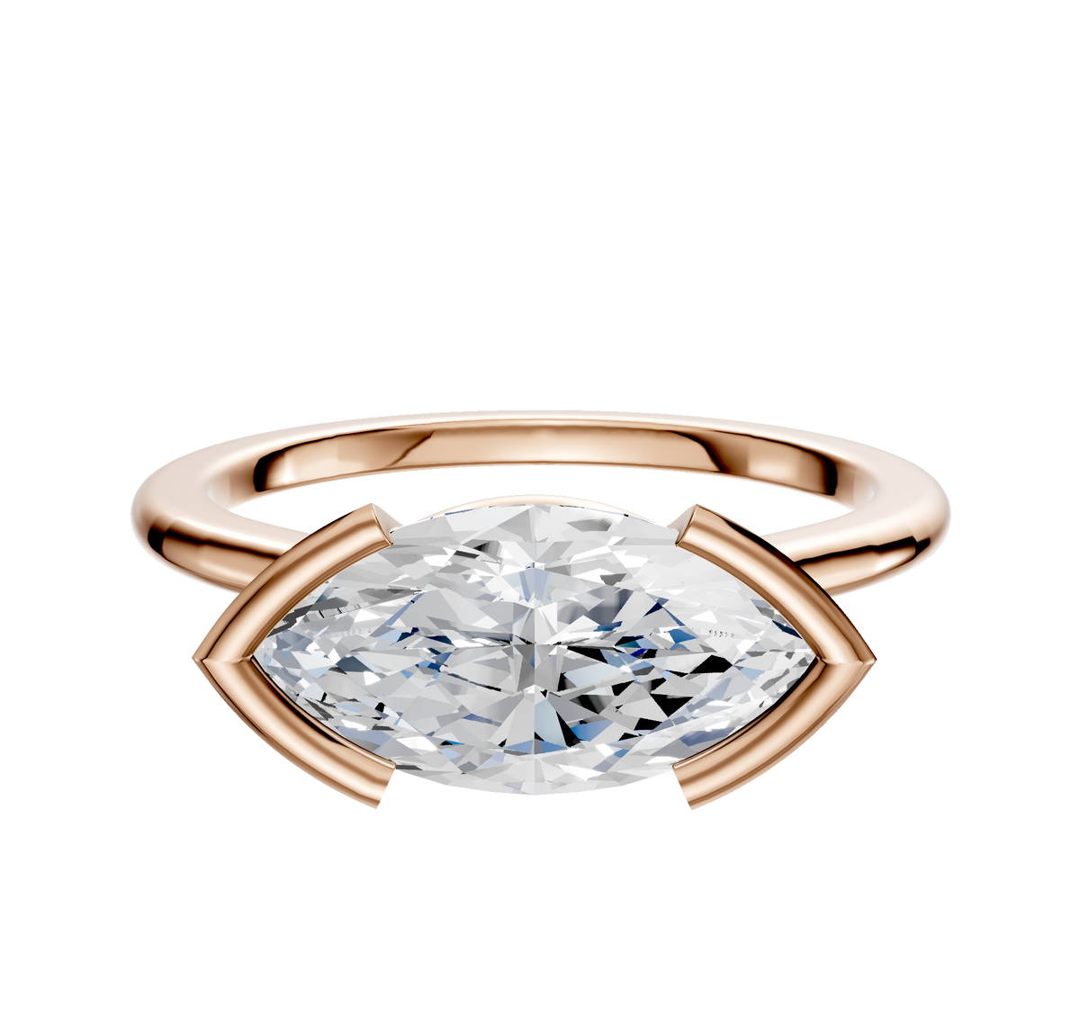 The 18K Rose Gold Bezel Half Bezel East/West Cathedral Dome 1.5mm Engagement Ring features a large, horizontally set marquise diamond between curved prongs, shown on a plain white background.