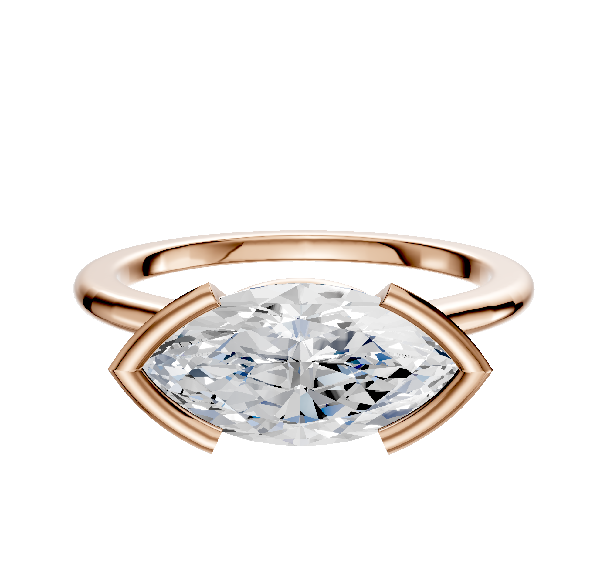 The 18K Rose Gold Bezel Half Bezel East/West Cathedral Dome 1.5mm Engagement Ring features a large, horizontally set marquise diamond between curved prongs, shown on a plain white background.