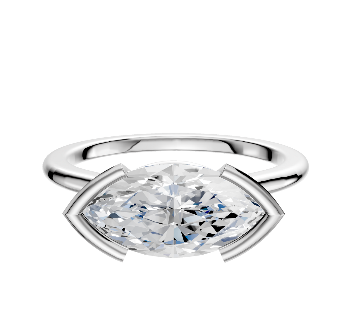 A 14K white gold bezel half bezel east/west cathedral dome 1.5mm engagement ring, featuring a large marquise-cut gemstone set horizontally, is shown against a plain white background.