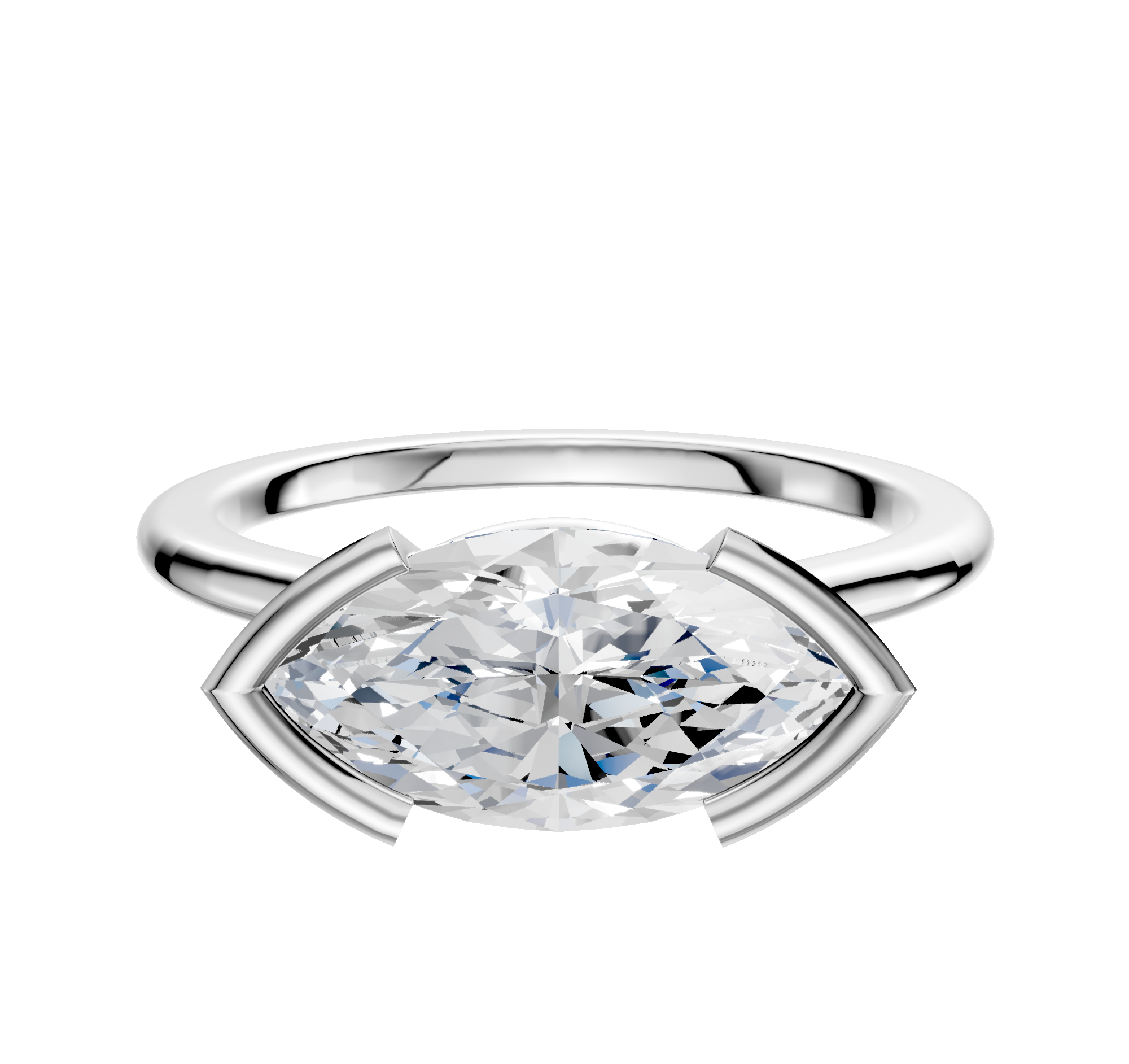A 14K white gold bezel half bezel east/west cathedral dome 1.5mm engagement ring, featuring a large marquise-cut gemstone set horizontally, is shown against a plain white background.