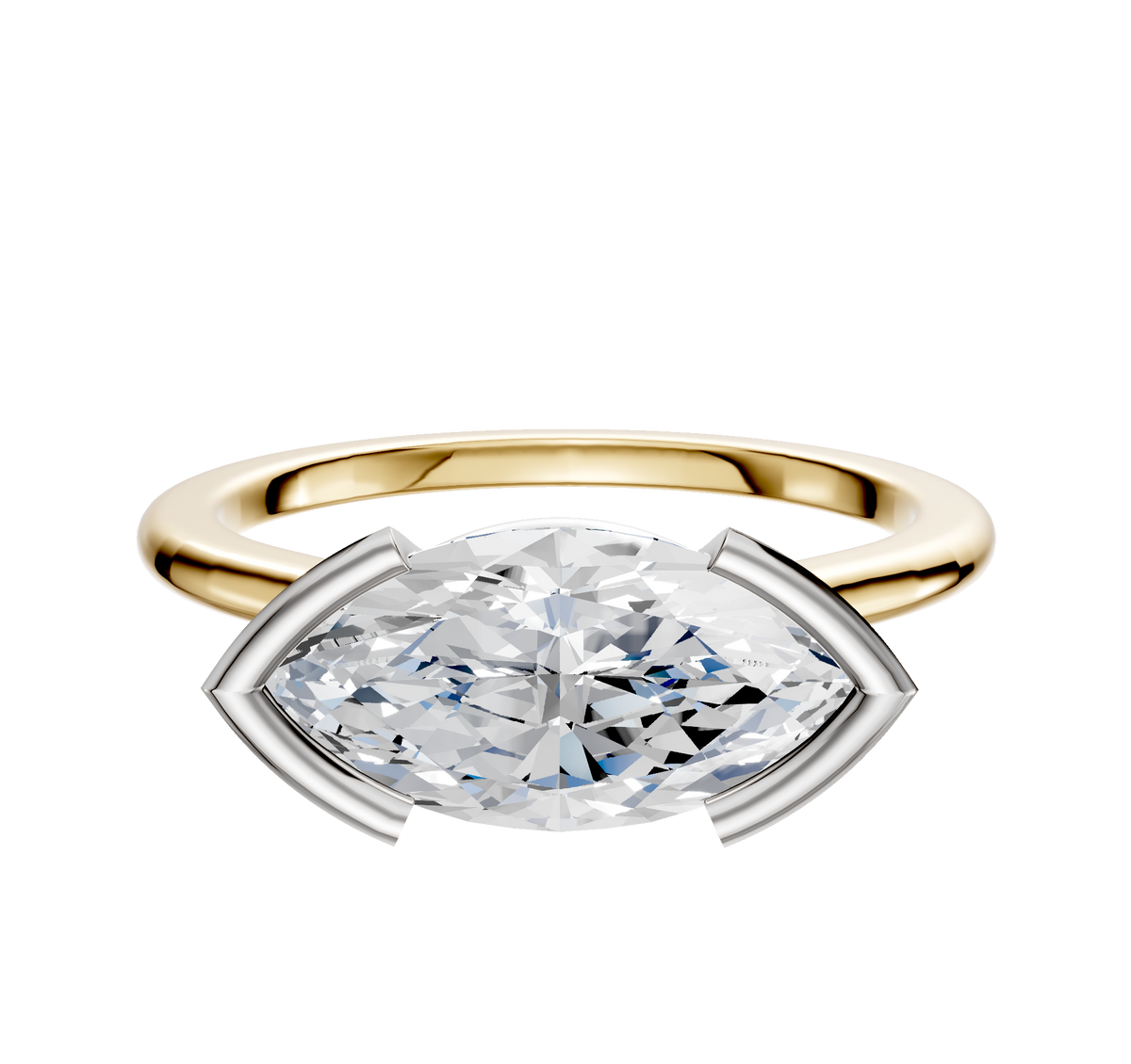 An 18K two-tone bezel half bezel East/West cathedral dome 1.5mm engagement ring with a large marquise-cut diamond set horizontally, secured by four silver prongs, displayed on a plain white background.