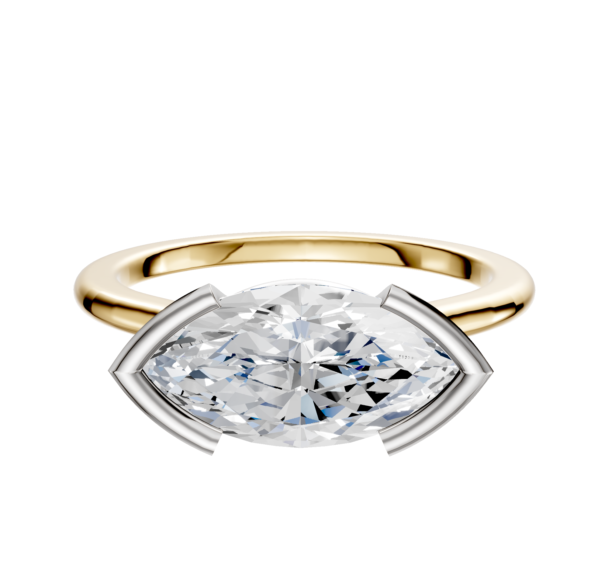 An 18K two-tone bezel half bezel East/West cathedral dome 1.5mm engagement ring with a large marquise-cut diamond set horizontally, secured by four silver prongs, displayed on a plain white background.