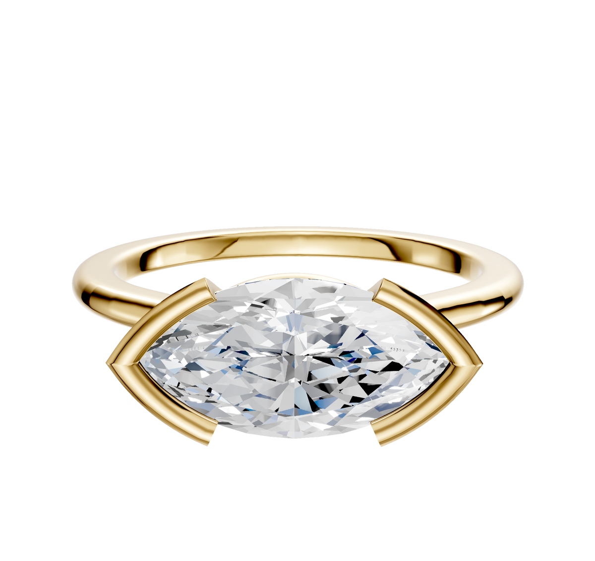 An 18K yellow gold Bezel Half Bezel East/West Cathedral Dome 1.5mm engagement ring with a large marquise-cut clear gemstone set horizontally and secured by curved gold prongs, shown on a plain white background.