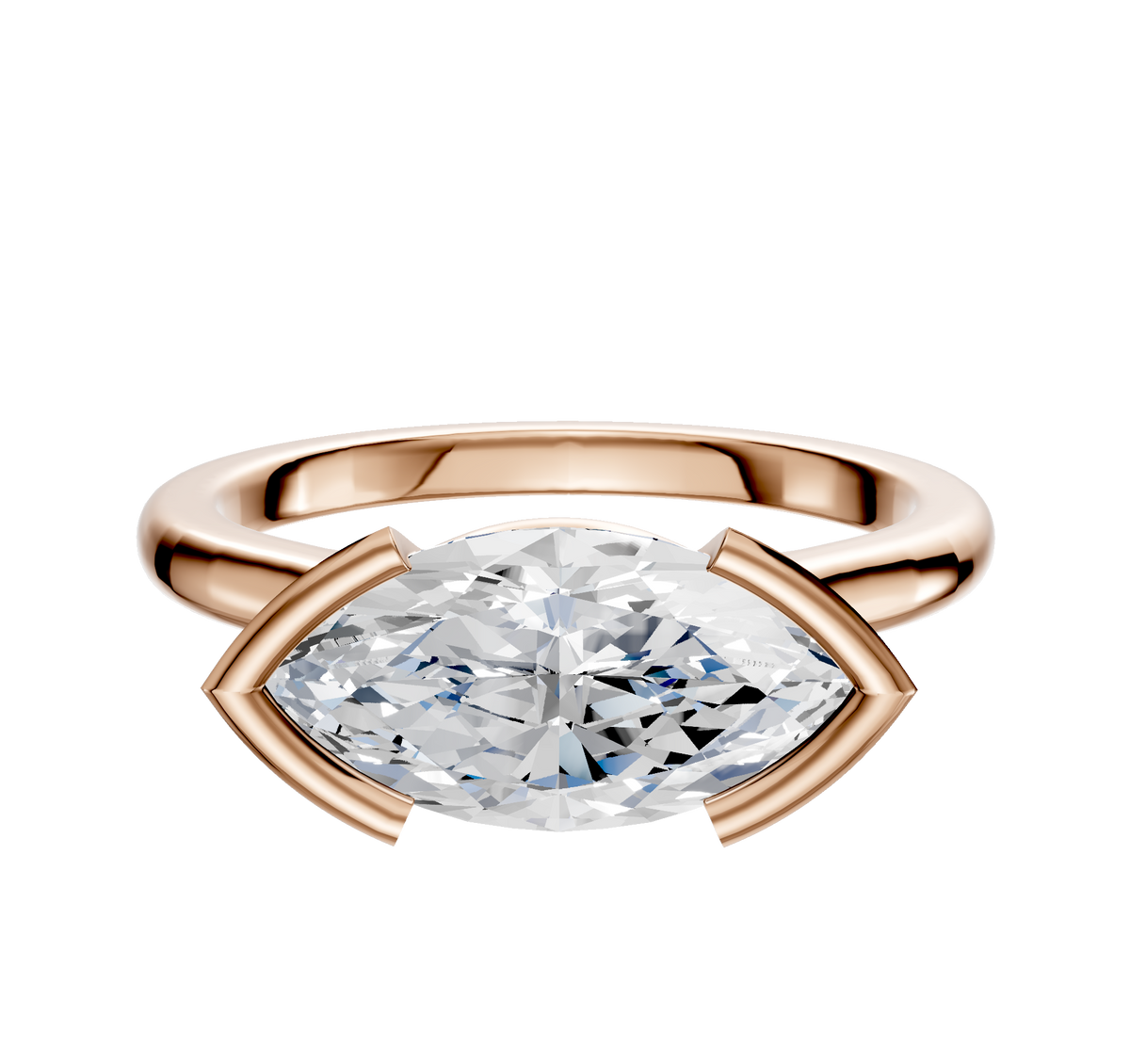 The 14K Rose Gold Bezel Half Bezel East/West Cathedral Dome 2.0mm Engagement Ring features a horizontally-set marquise-cut diamond in a modern, polished band with unique curved prongs for an elegant, contemporary look.