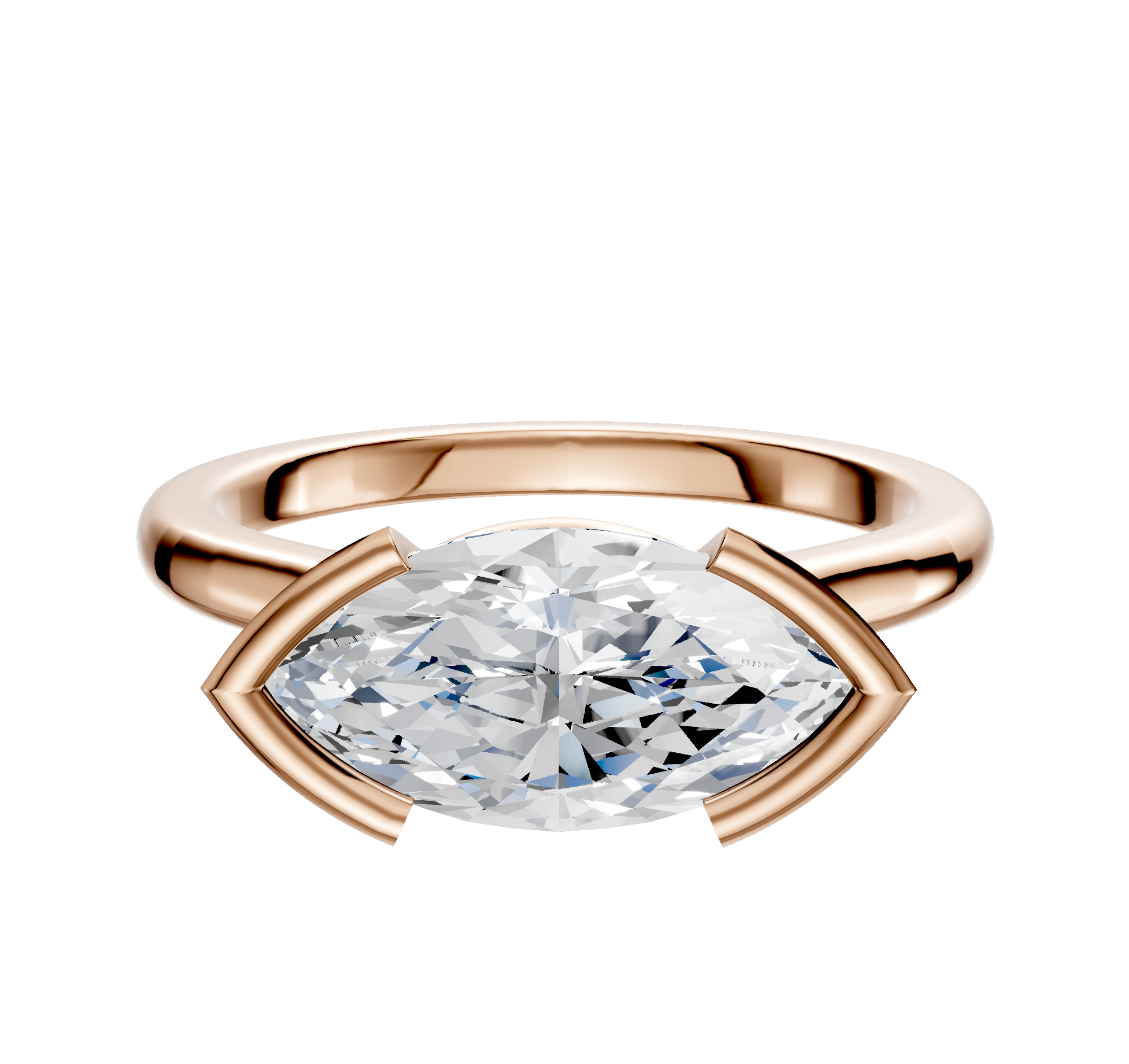 The 14K Rose Gold Bezel Half Bezel East/West Cathedral Dome 2.0mm Engagement Ring features a horizontally-set marquise-cut diamond in a modern, polished band with unique curved prongs for an elegant, contemporary look.