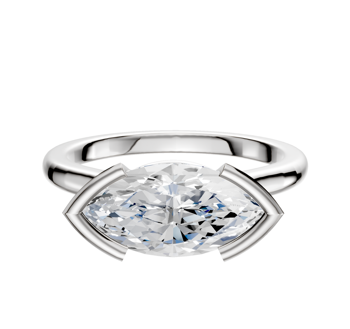 A 14K white gold half bezel East/West cathedral dome ring featuring a large marquise-cut clear gemstone, set horizontally in a modern setting against a plain white background.