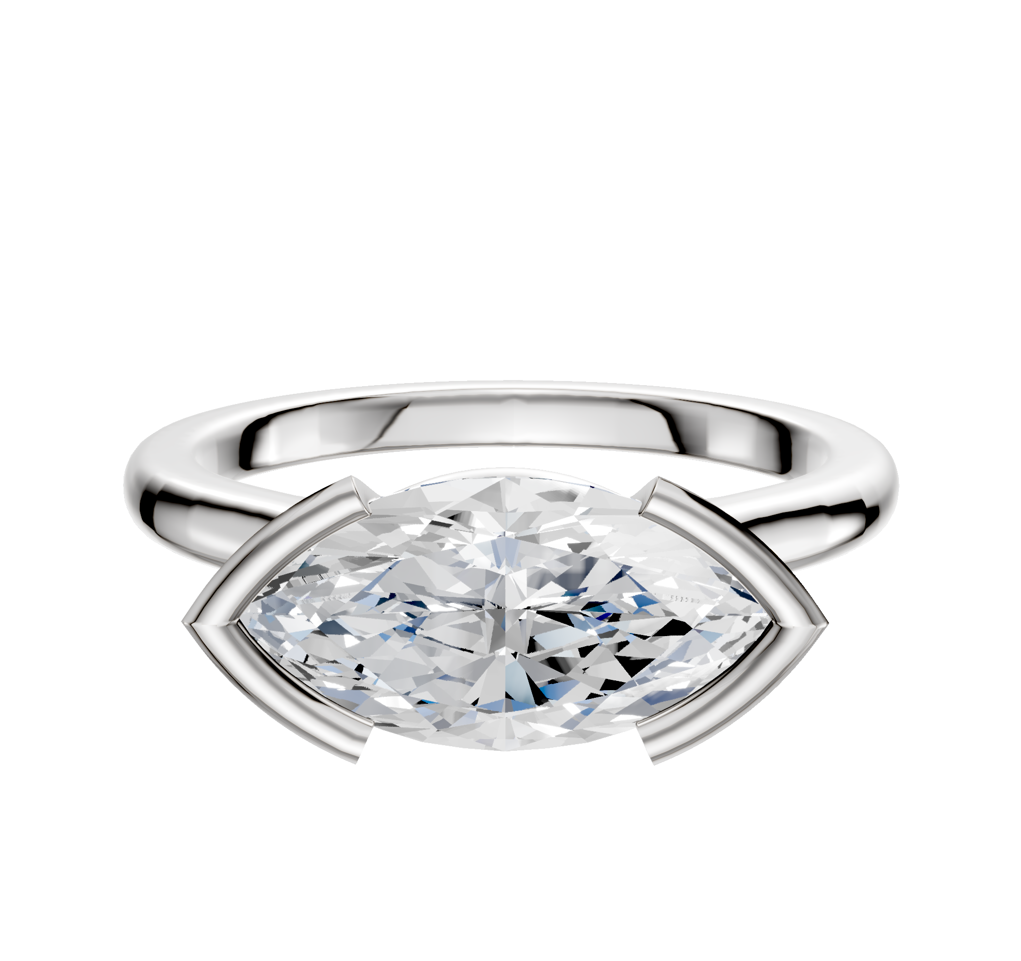 A 14K white gold half bezel East/West cathedral dome ring featuring a large marquise-cut clear gemstone, set horizontally in a modern setting against a plain white background.