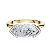 The 14K Two Tone Bezel Half Bezel East/West Cathedral Dome 2.0mm Engagement Ring features a striking marquise-cut diamond in a unique setting, showcased against a plain white background.