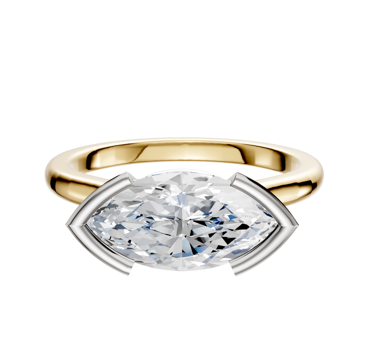 The 18K Two Tone Bezel Half Bezel East/West Cathedral Dome 2.0mm Engagement Ring features a modern marquise diamond set horizontally in a sleek, contemporary setting with gold and white metal tones.