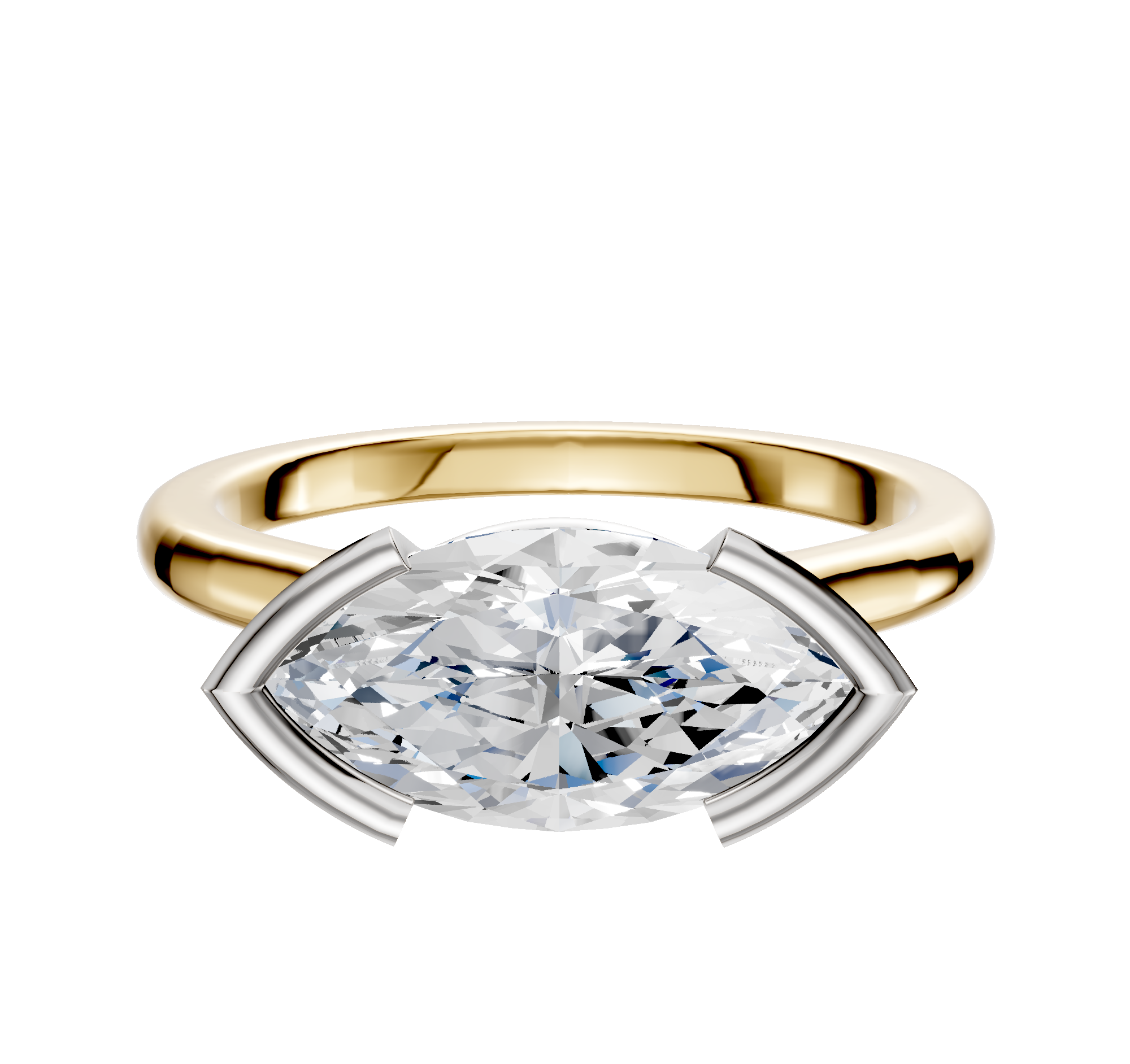 The 18K Two Tone Bezel Half Bezel East/West Cathedral Dome 2.0mm Engagement Ring features a modern marquise diamond set horizontally in a sleek, contemporary setting with gold and white metal tones.