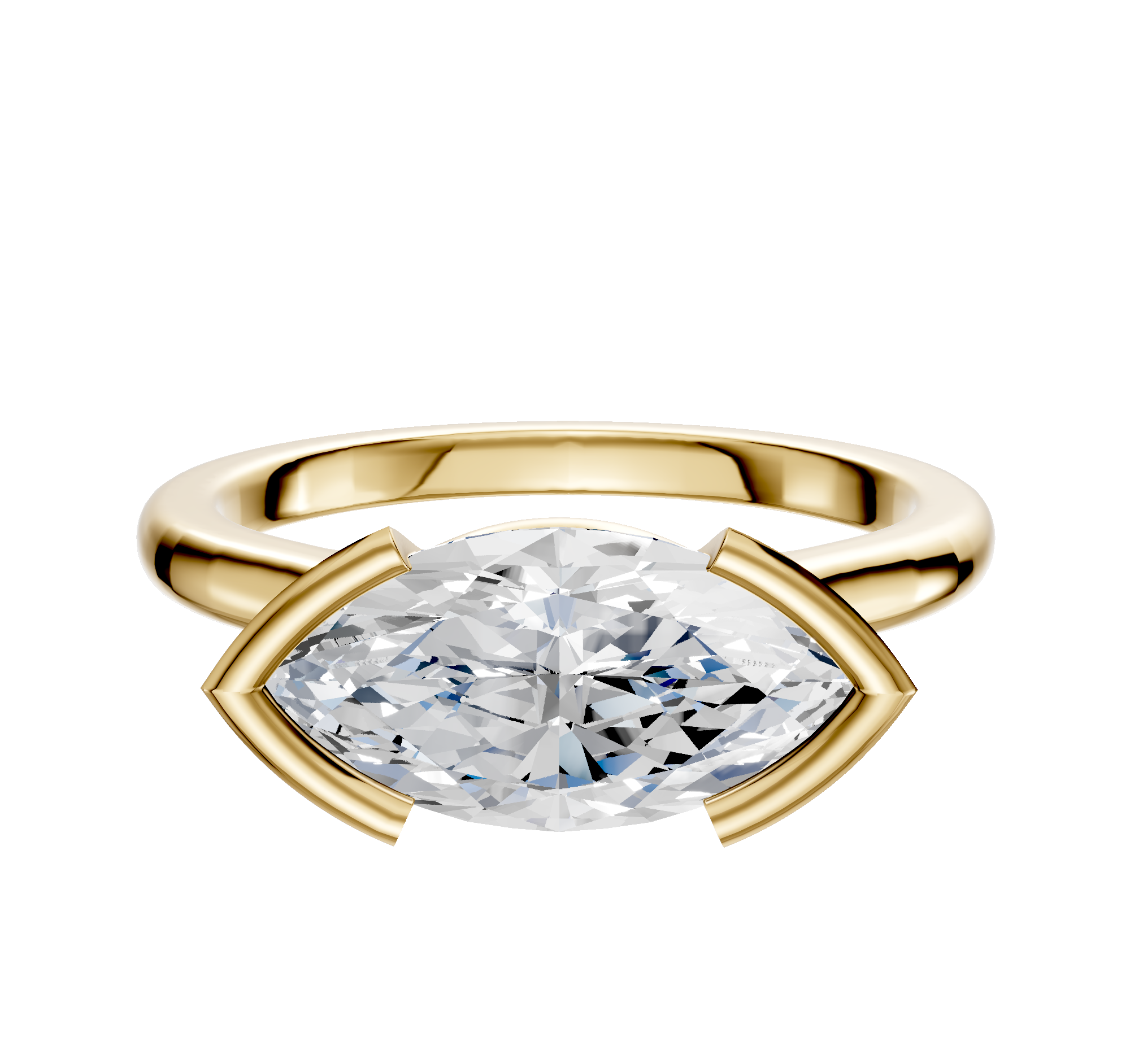 A 14K yellow gold cathedral dome engagement ring with a 2.0mm east/west half bezel setting, shown against a plain white background.