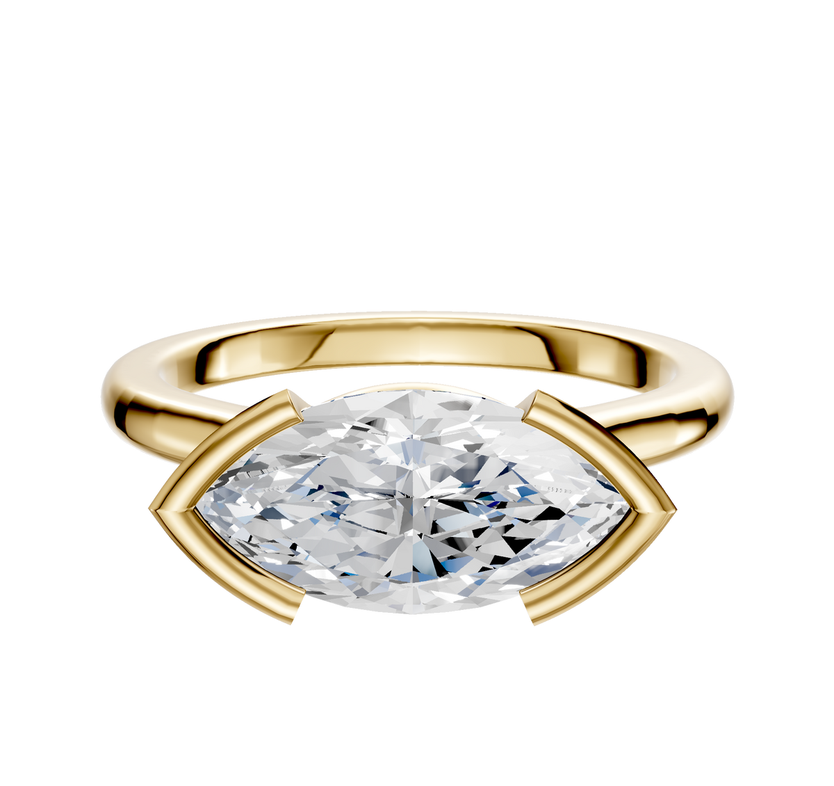 An 18K yellow gold Cathedral Dome engagement ring with a 2.0mm half bezel set marquise-cut diamond in an East/West orientation, shown on a plain white background.