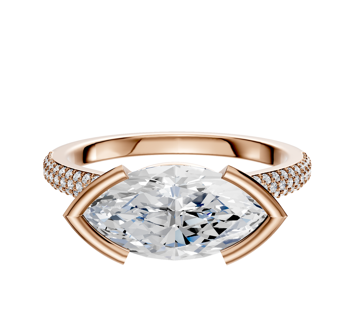 The 14K Rose Gold Bezel Half Bezel East/West Cathedral Dome 3-Row-Pave 2.0mm Engagement Ring features a central marquise diamond and sparkling round diamonds in three rows along the upper band.