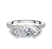 The 14K White Gold Bezel Half Bezel East/West Cathedral Dome 3-Row-Pave 2.0mm Engagement Ring features a unique setting with sparkling pavé diamonds on the band, combining elegance and modern design.
