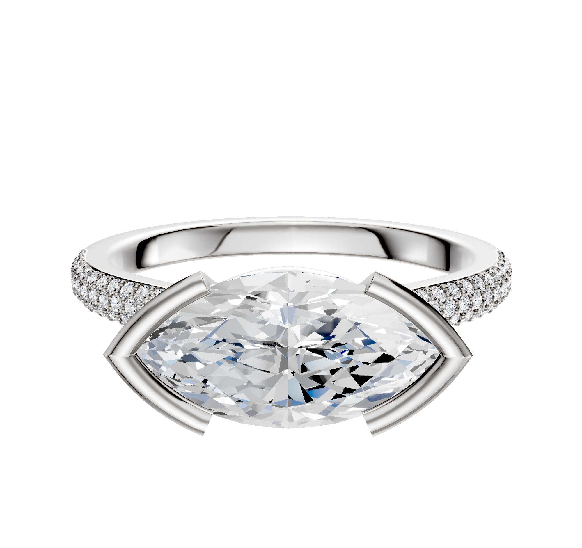 The 14K White Gold Bezel Half Bezel East/West Cathedral Dome 3-Row-Pave 2.0mm Engagement Ring features a unique setting with sparkling pavé diamonds on the band, combining elegance and modern design.