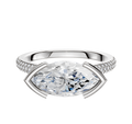 An 18K white gold engagement ring with a cathedral dome, featuring half bezel east/west setting and three rows of 2.0mm pave diamonds along the band.