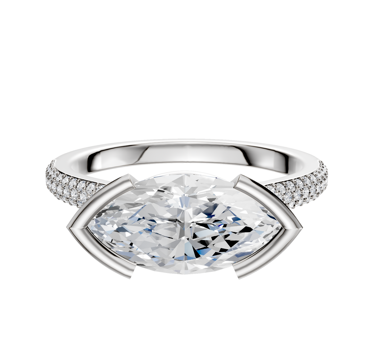 The 18K Two Tone Bezel Half Bezel East/West Cathedral Dome 3-Row-Pave 2.0mm Engagement Ring showcases a unique east/west bezel-set center, accented by three rows of pave diamonds on the band for extra brilliance.