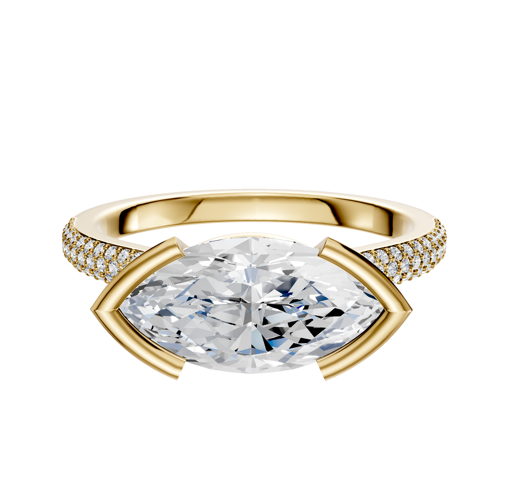 A 14K yellow gold engagement ring featuring a bezel half-bezel east/west cathedral dome design with three rows of 2.0mm pavé-set diamonds along the band.