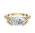The 18K Yellow Gold Bezel Half Bezel East/West Cathedral Dome Engagement Ring features a central stone with three rows of 2.0mm pave-set diamonds along the band for added brilliance.