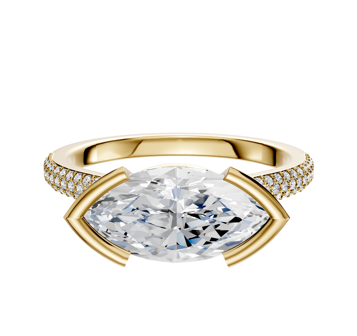The 18K Yellow Gold Bezel Half Bezel East/West Cathedral Dome Engagement Ring features a central stone with three rows of 2.0mm pave-set diamonds along the band for added brilliance.