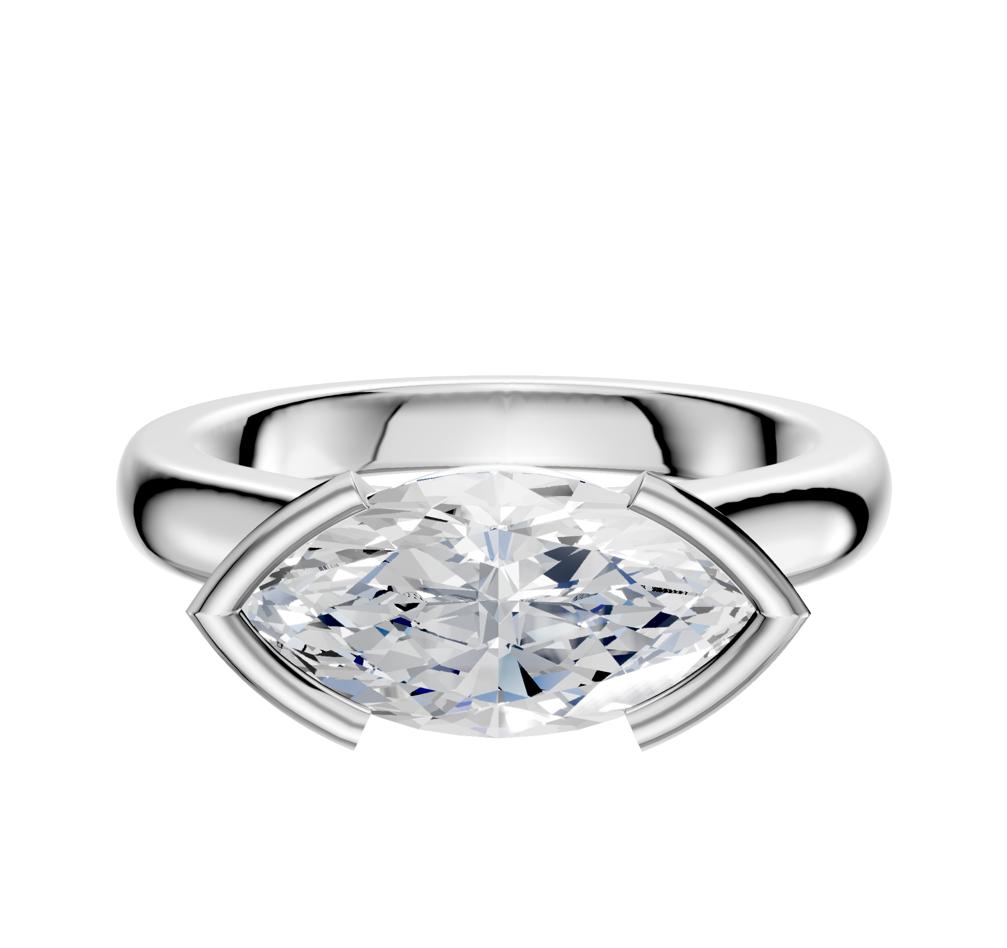 A 14K white gold bezel half bezel east/west cathedral dome engagement ring with a 3.0mm marquise-cut clear gemstone set horizontally in a modern setting, shown against a plain white background.