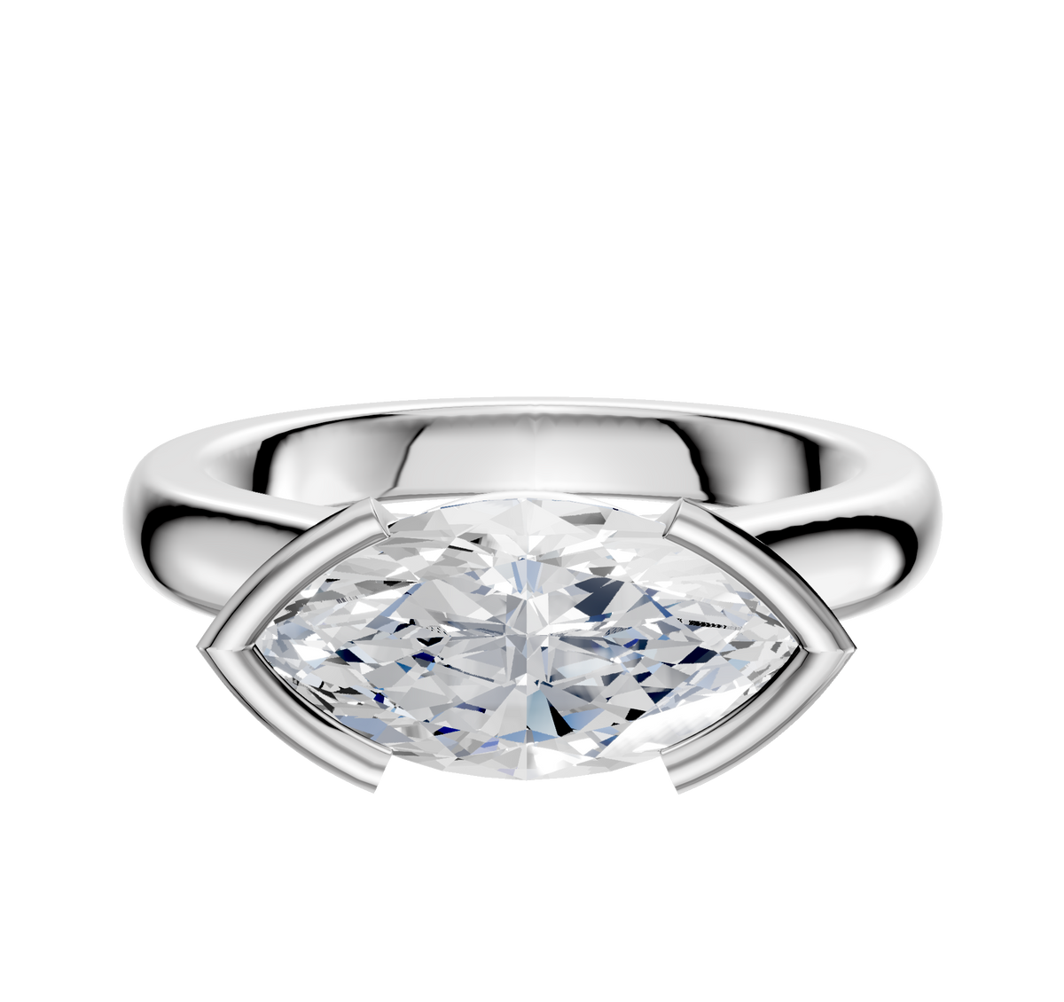 A Platinum Bezel Half Bezel East/West Cathedral Dome 3.0mm Engagement Ring with a horizontally set marquise diamond in a modern, minimalist setting, displayed on a plain white background.