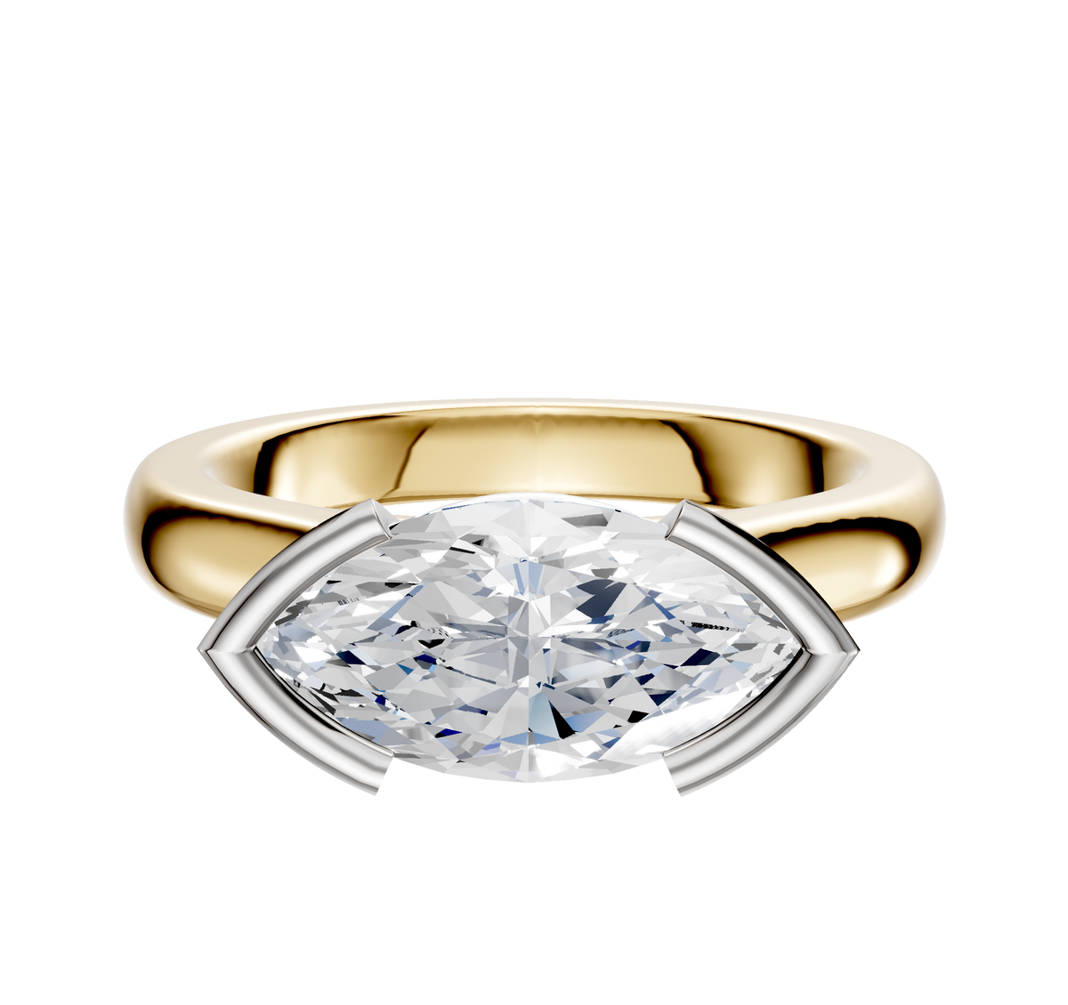 A 14K two-tone engagement ring featuring a 3.0mm dome with an East/West cathedral and half bezel setting, showcased against a plain white background.