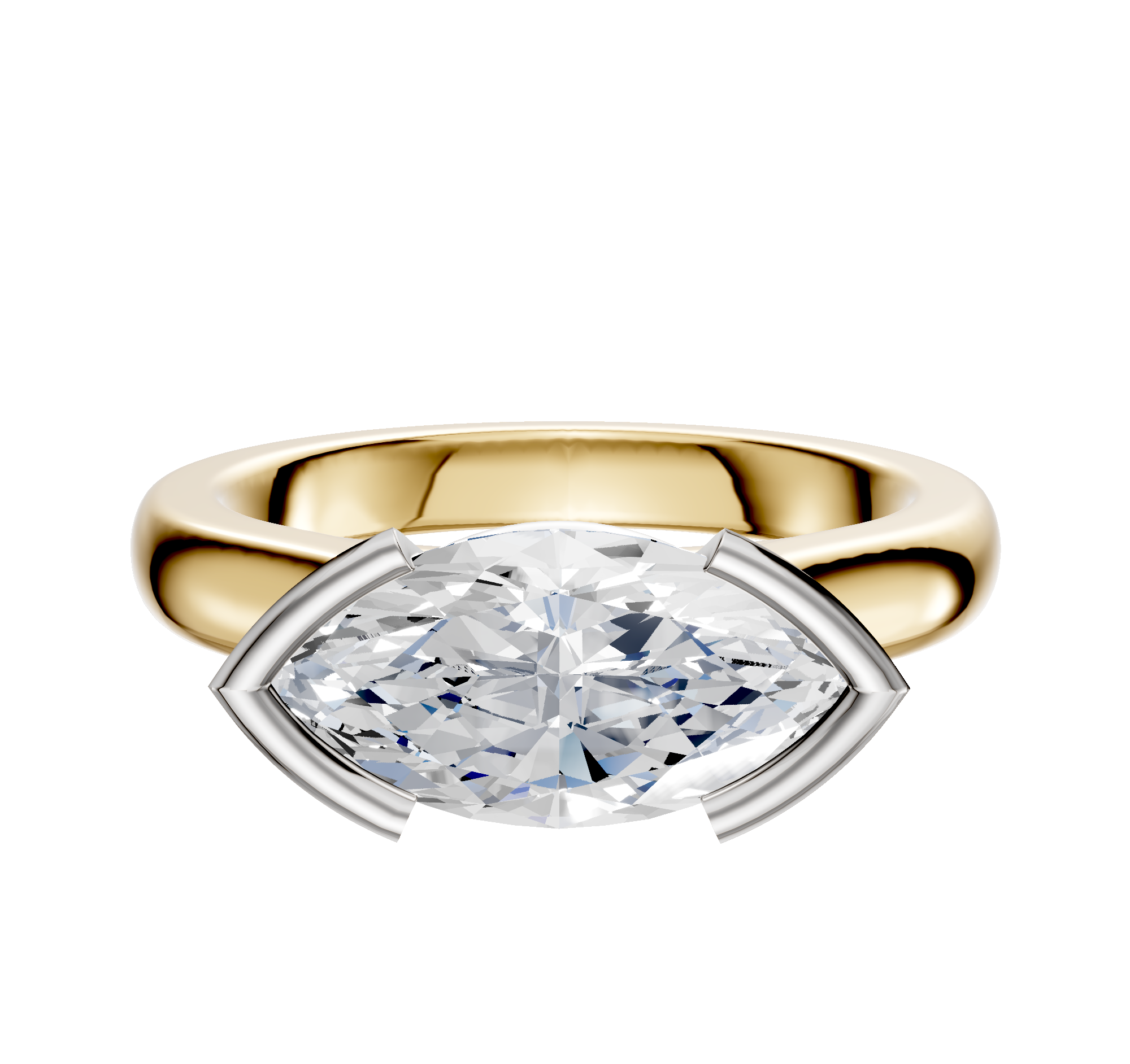The 18K Two Tone Bezel Half Bezel East/West Cathedral Dome 3.0mm Engagement Ring features a large marquise-cut clear gemstone in a unique white metal prong setting, shown against a plain white background.