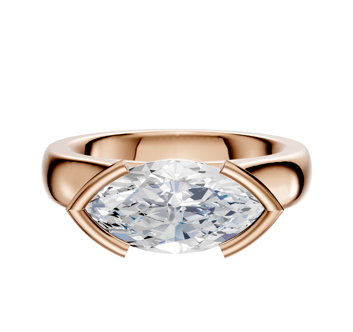 The 14K Rose Gold Bezel Half Bezel East/West Cathedral Dome 4.0mm Engagement Ring features a modern setting with polished metal framing a large, marquise-cut clear gemstone elegantly on two sides.