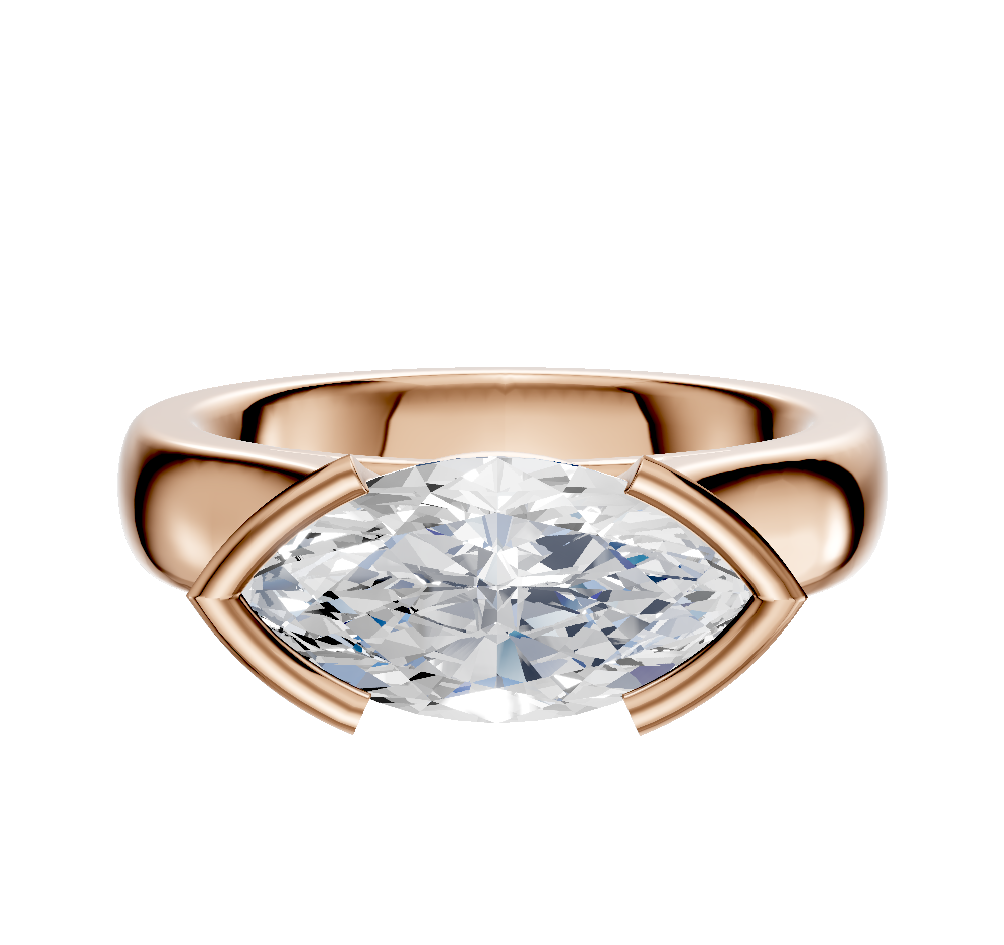 The 18K Rose Gold Bezel Half Bezel East/West Cathedral Dome 4.0mm Engagement Ring features a modern, minimalist design with a horizontally set diamond in a sleek setting.