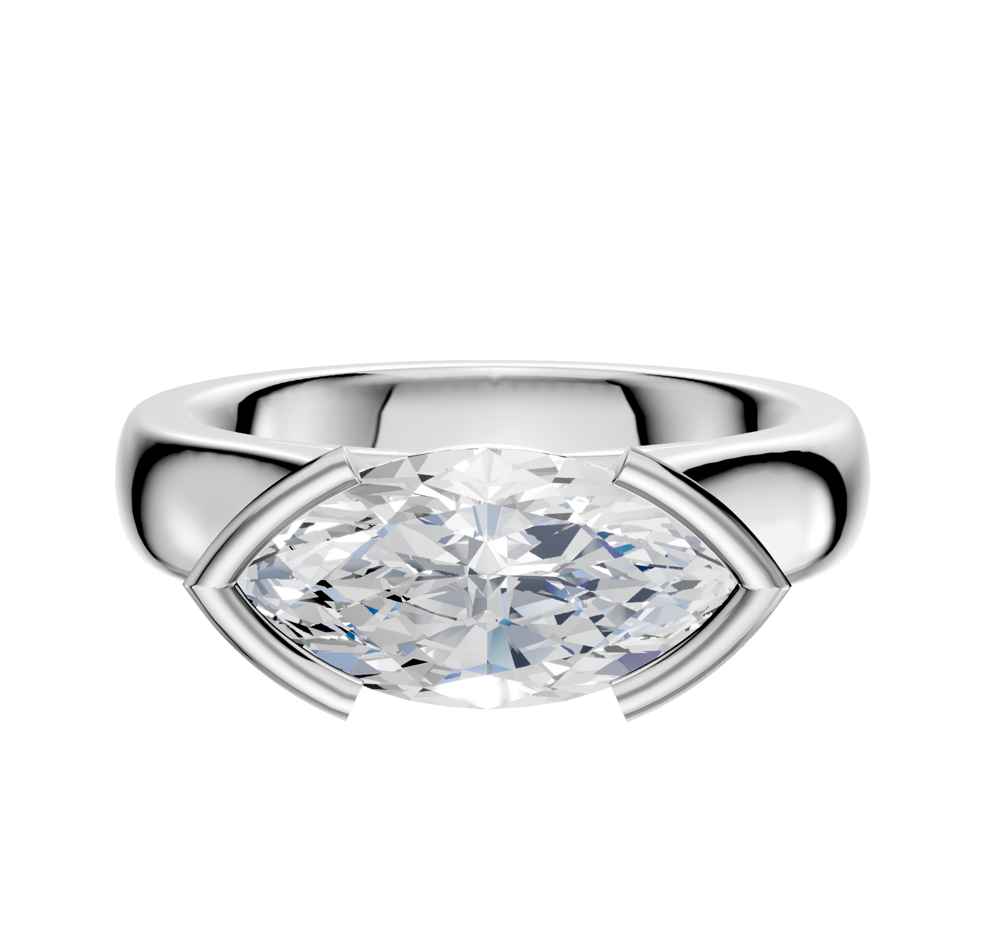 A 14K white gold cathedral dome ring featuring a 4.0mm diamond set east/west in a modern half-bezel setting with a thick, polished band for enhanced brilliance.