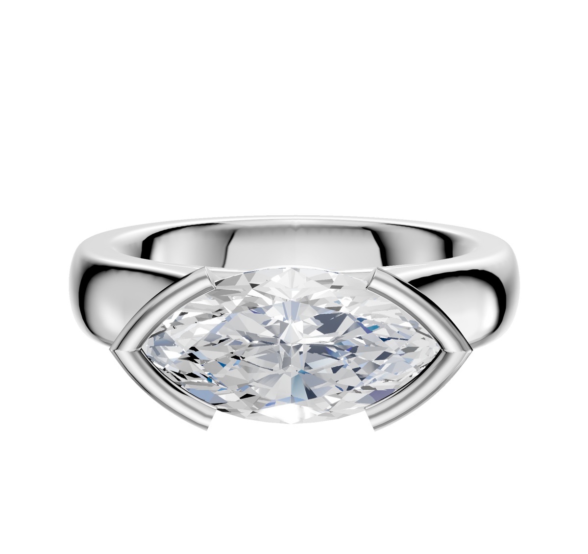 A Platinum Bezel Half Bezel East/West Cathedral Dome 4.0mm Engagement Ring with a horizontally set centerpiece, featuring modern prongs, displayed on a plain white background.