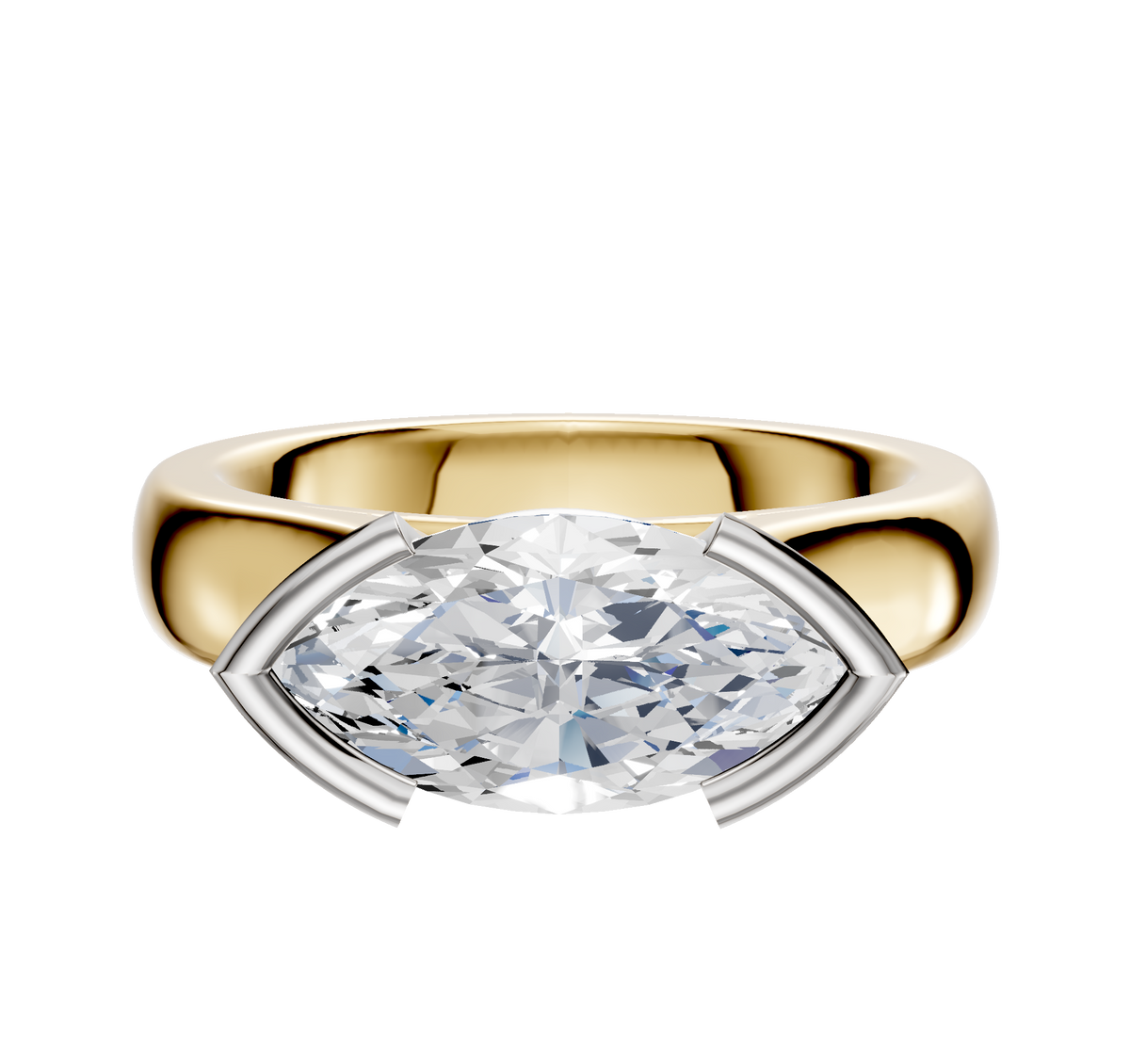 The 18K Two Tone Bezel Half Bezel East/West Cathedral Dome 4.0mm Engagement Ring features a modern, horizontally set clear gemstone in a sleek silver and gold setting, displayed against a plain white background.