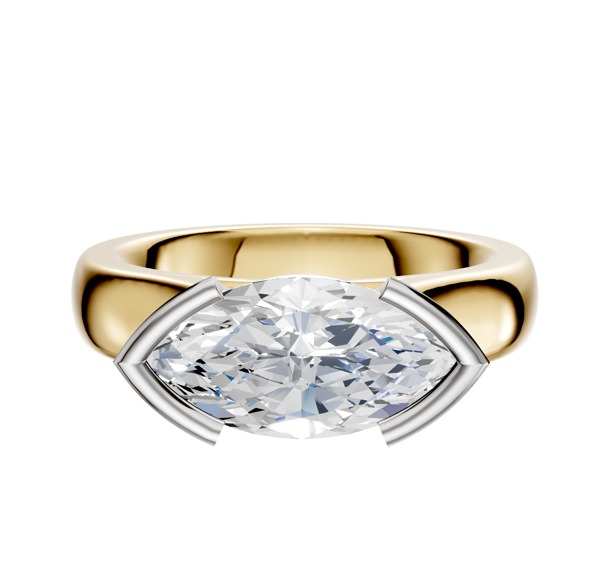 The 18K Two Tone Bezel Half Bezel East/West Cathedral Dome 4.0mm Engagement Ring features a modern, horizontally set clear gemstone in a sleek silver and gold setting, displayed against a plain white background.