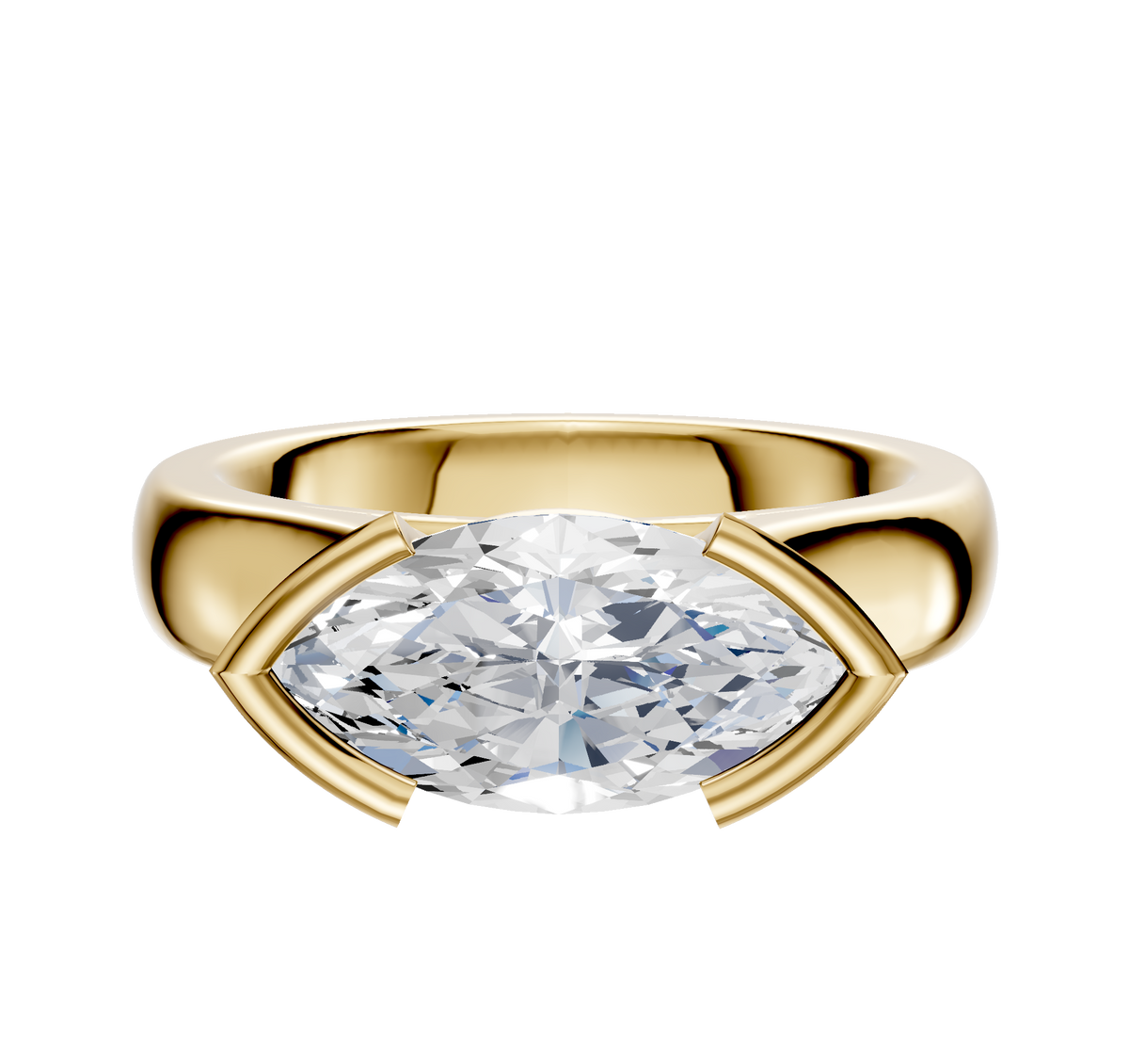 A 14K yellow gold engagement ring with a thick half bezel cathedral dome band, featuring a 4.0mm diamond set horizontally in an east/west modern minimalist setting.