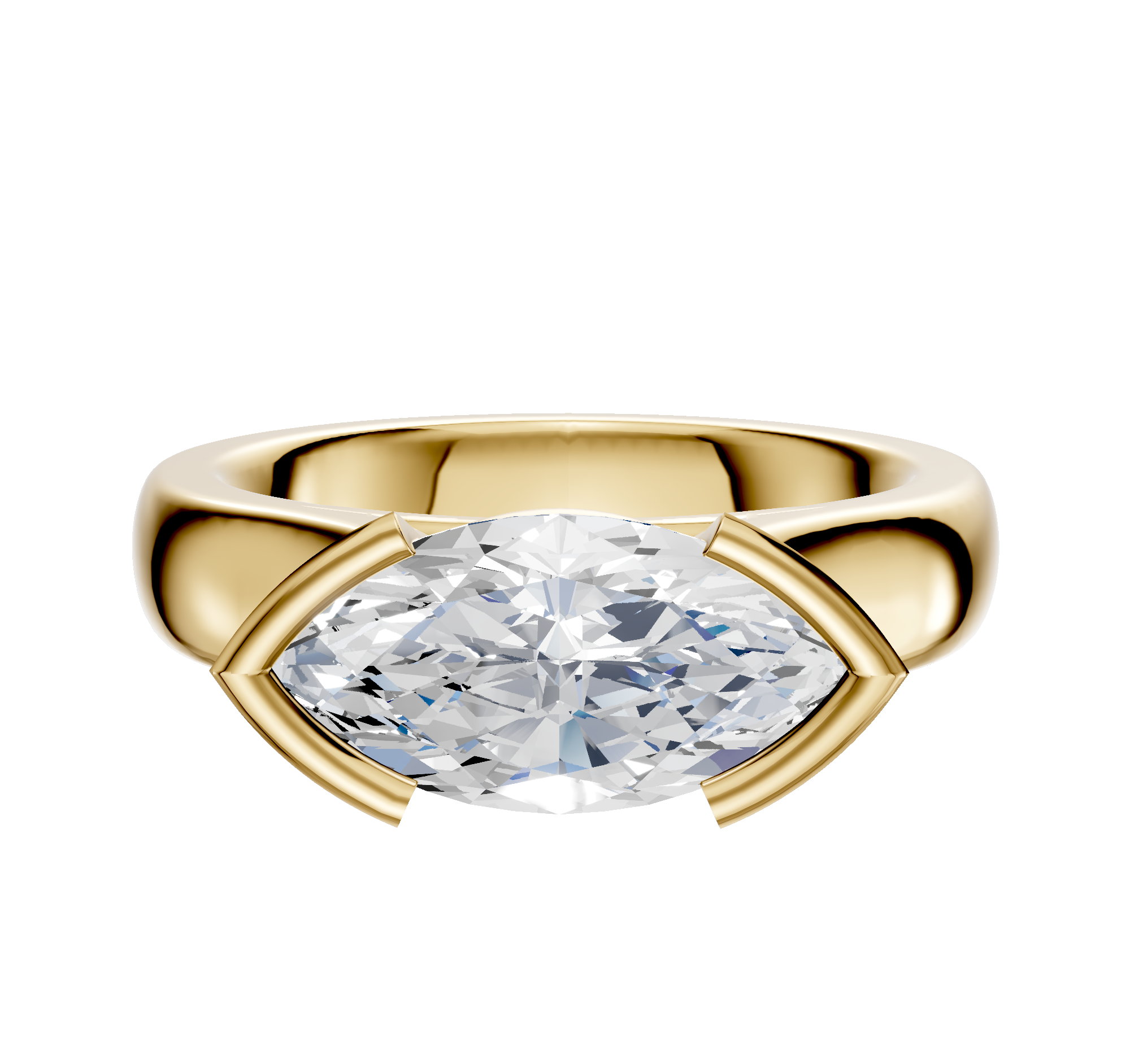 A 14K yellow gold engagement ring with a thick half bezel cathedral dome band, featuring a 4.0mm diamond set horizontally in an east/west modern minimalist setting.