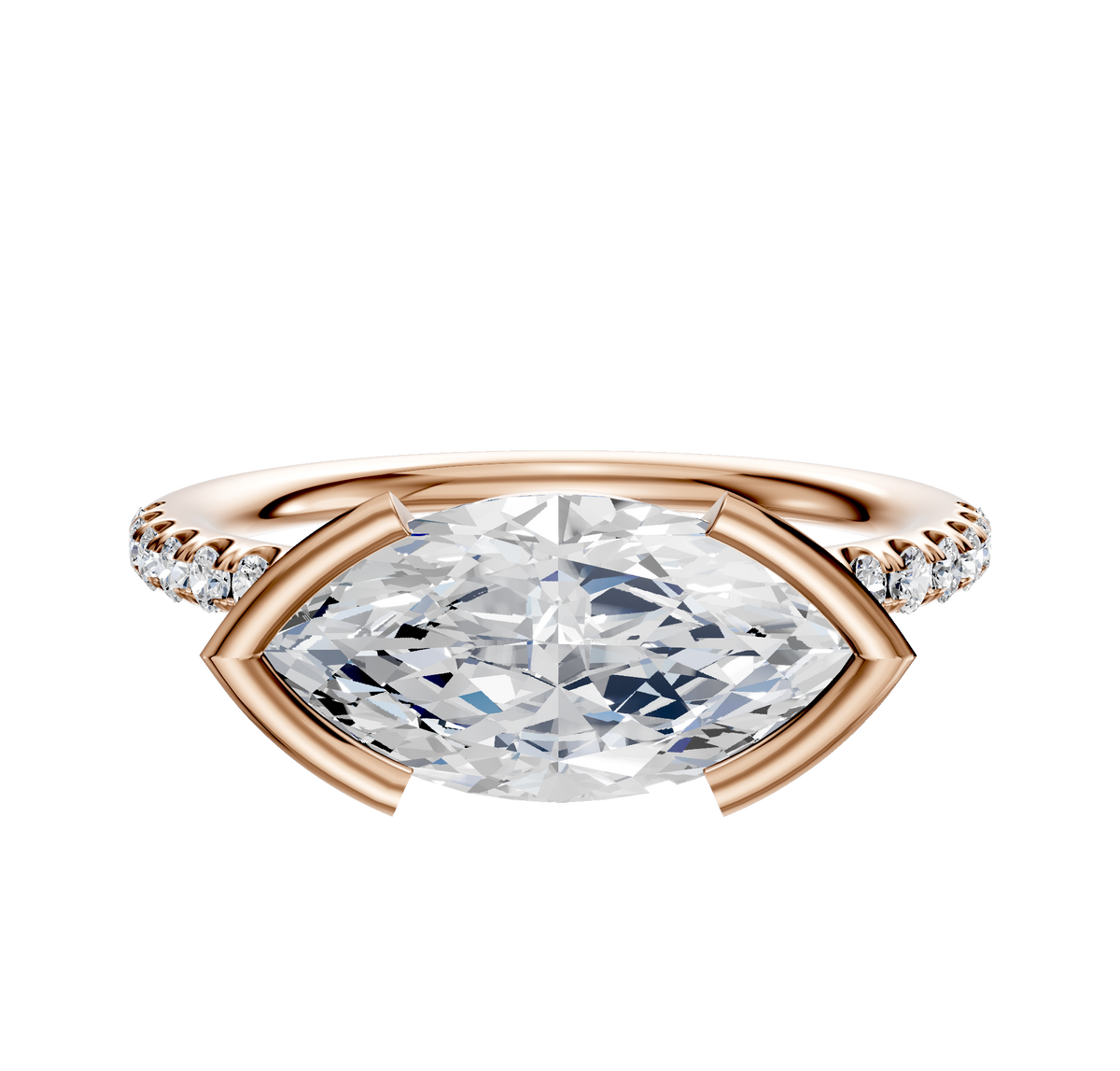The 14K Rose Gold Bezel Half Bezel East/West Classic Dome 1-Row-Pave 2.5mm Engagement Ring features sparkling pave diamonds along the upper band and is displayed on a white background.